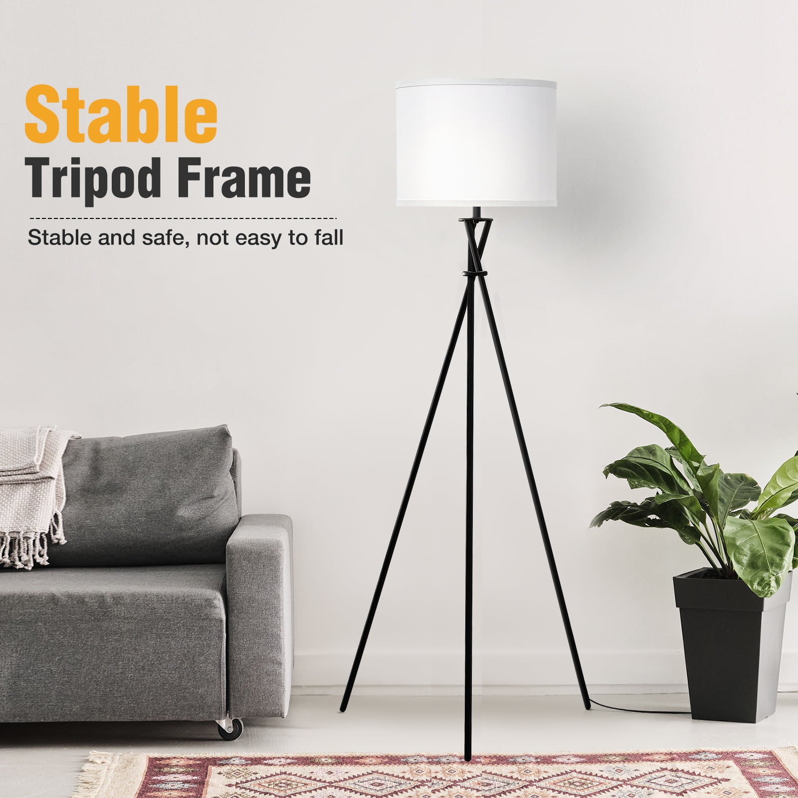 NATYSWAN Modern Tripod Floor Lamp for Living Room, Tall Standing Lamp with White Fabric Shade (Black, 61 in) 1e2dr