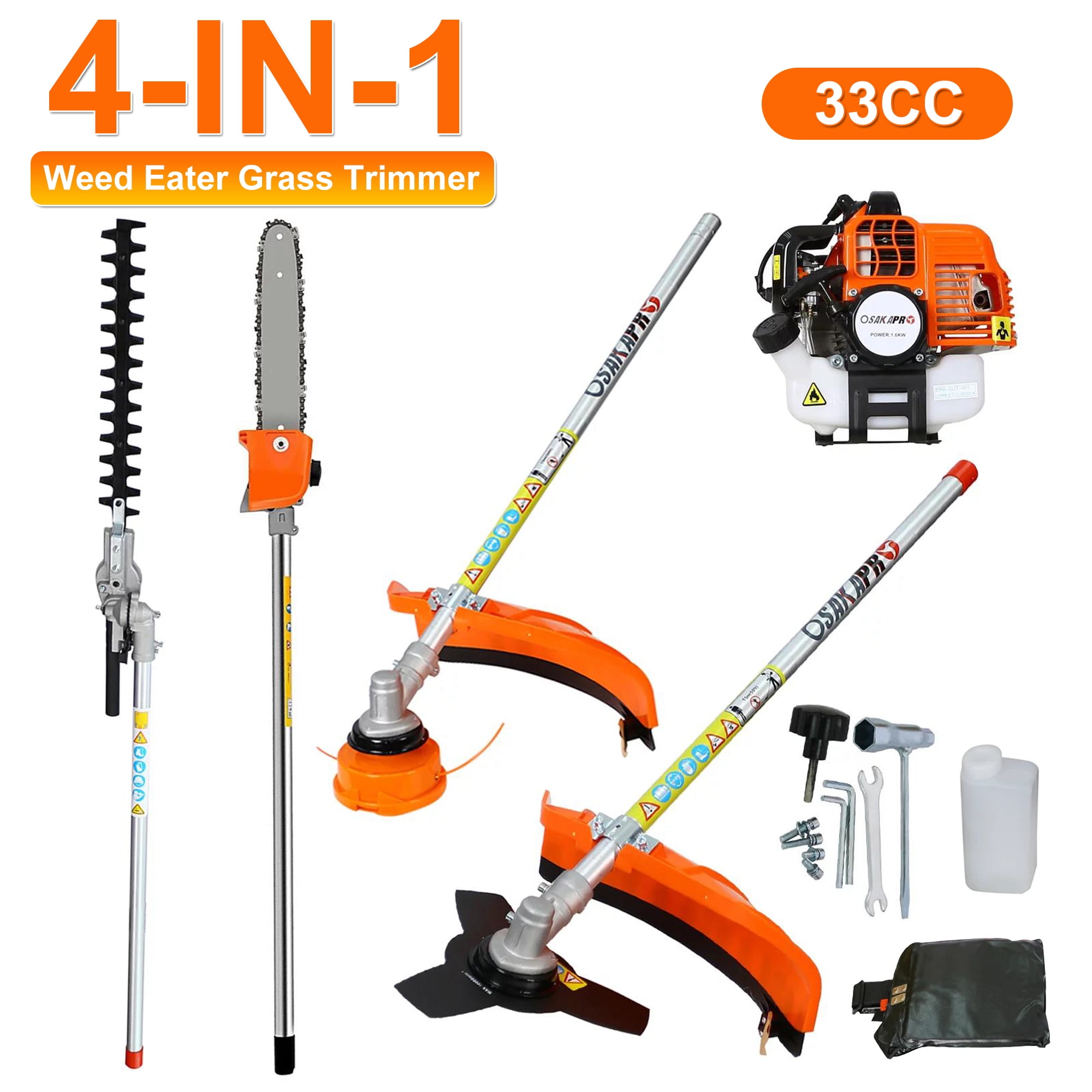 Syngar 4-in-1 Gas Grass Trimmer and Brush Cutter Multi-Tool with Pole Saw and Hedge Trimmer (Orange, 33cc) qhwwv