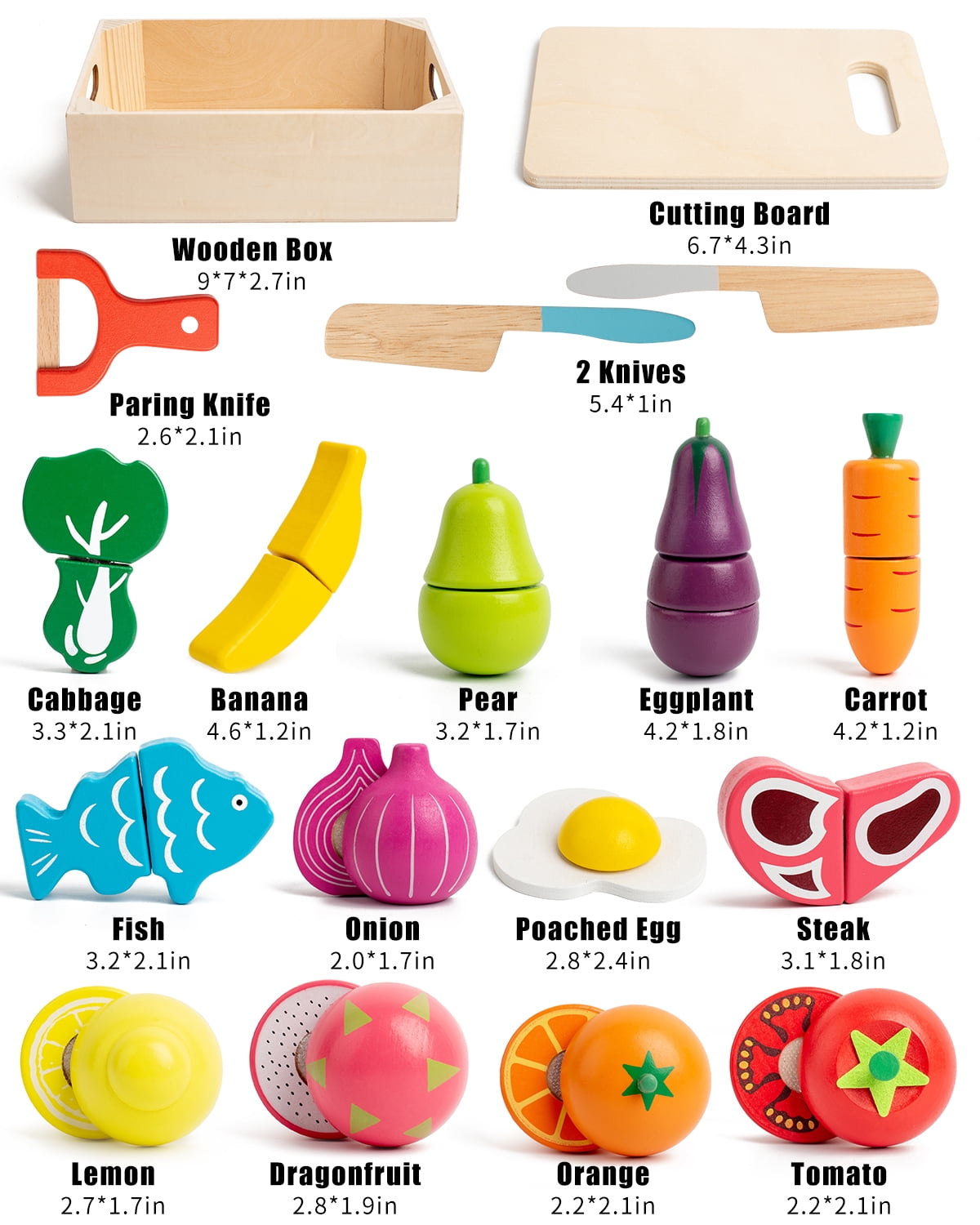 BUSY EDITION Wooden Play Food Set Pretend Kitchen Cutting Toys (32 Pieces) i4gkb