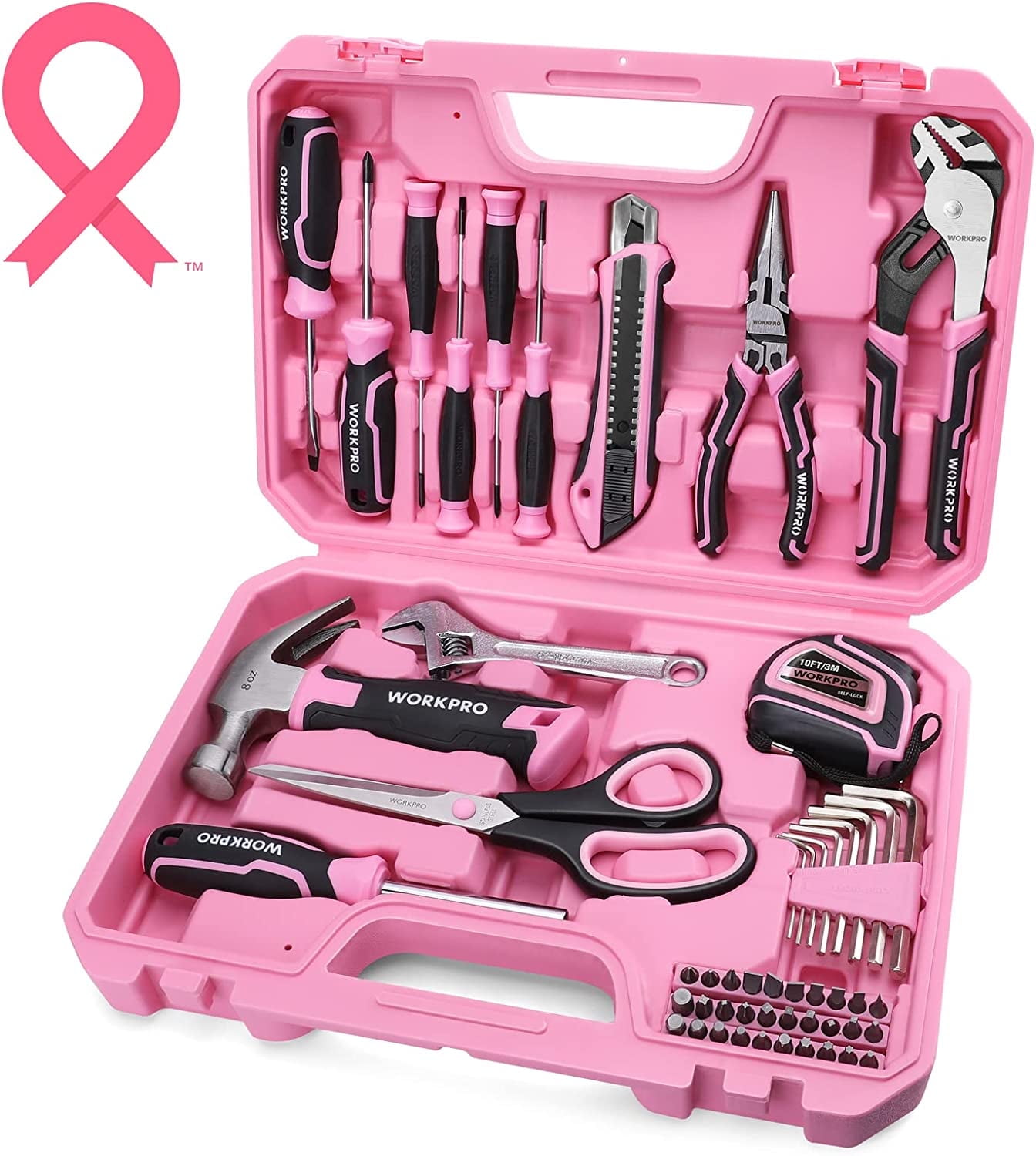 WORKPRO 52-Piece Household Tool Kit with Storage Case (Pink, 52-Piece Set) ed6ss