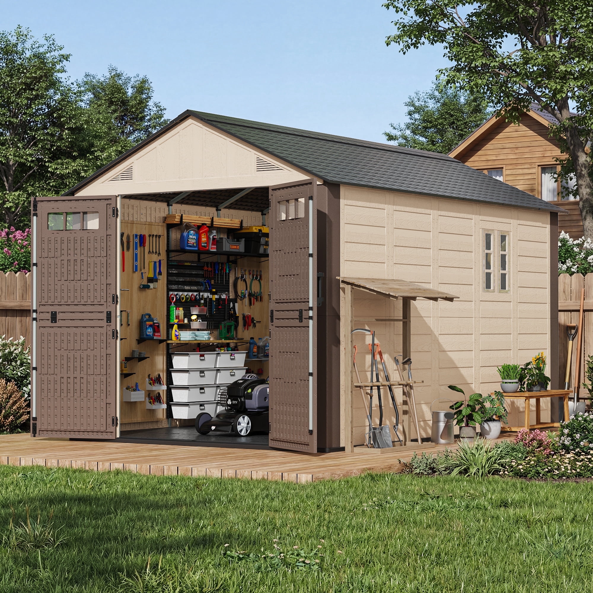 NETAJE Resin Outdoor Storage Shed, Heavy-Duty Weather-Resistant Tool House with Floor, Window, and Vents (Beige & Brown, 8 ft x 12 ft) ckpx1