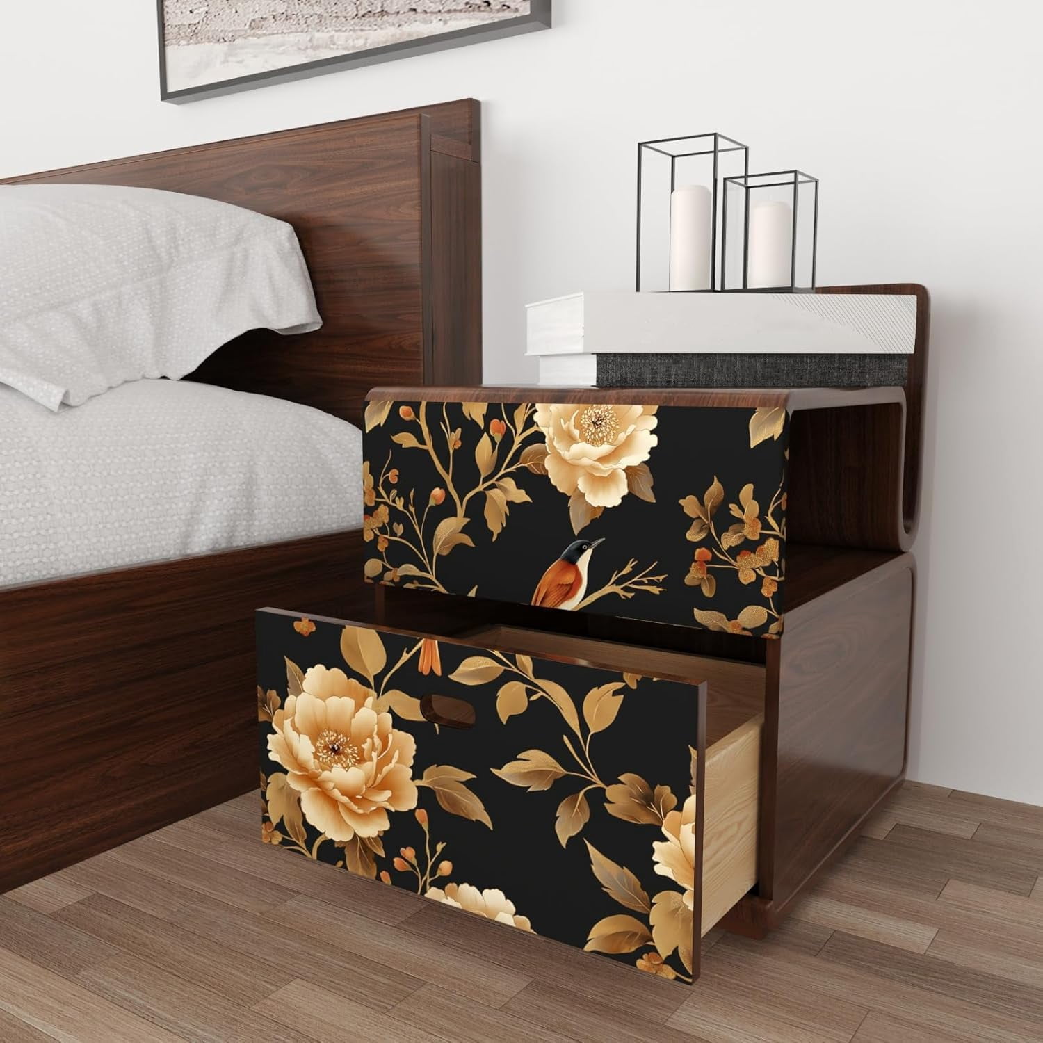 Usachibb Vintage Floral Bird Wallpaper Peel and Stick Boho Wall Mural (Black/Gold, 17.5 in x 118 in) av4xl
