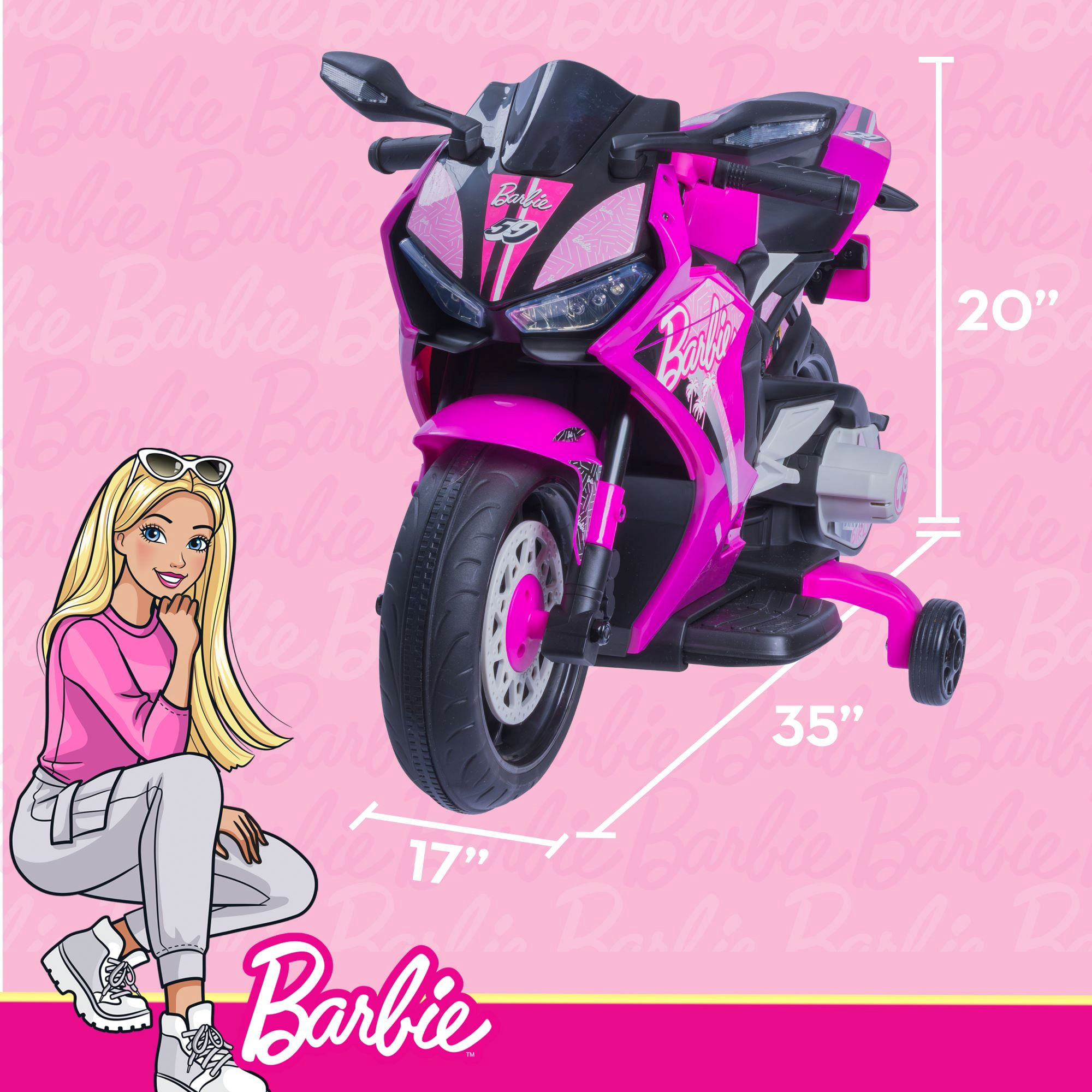 Barbie 6V Electric Motorcycle Ride-On Toy with Training Wheels (Pink, 65 lb Capacity) qed66
