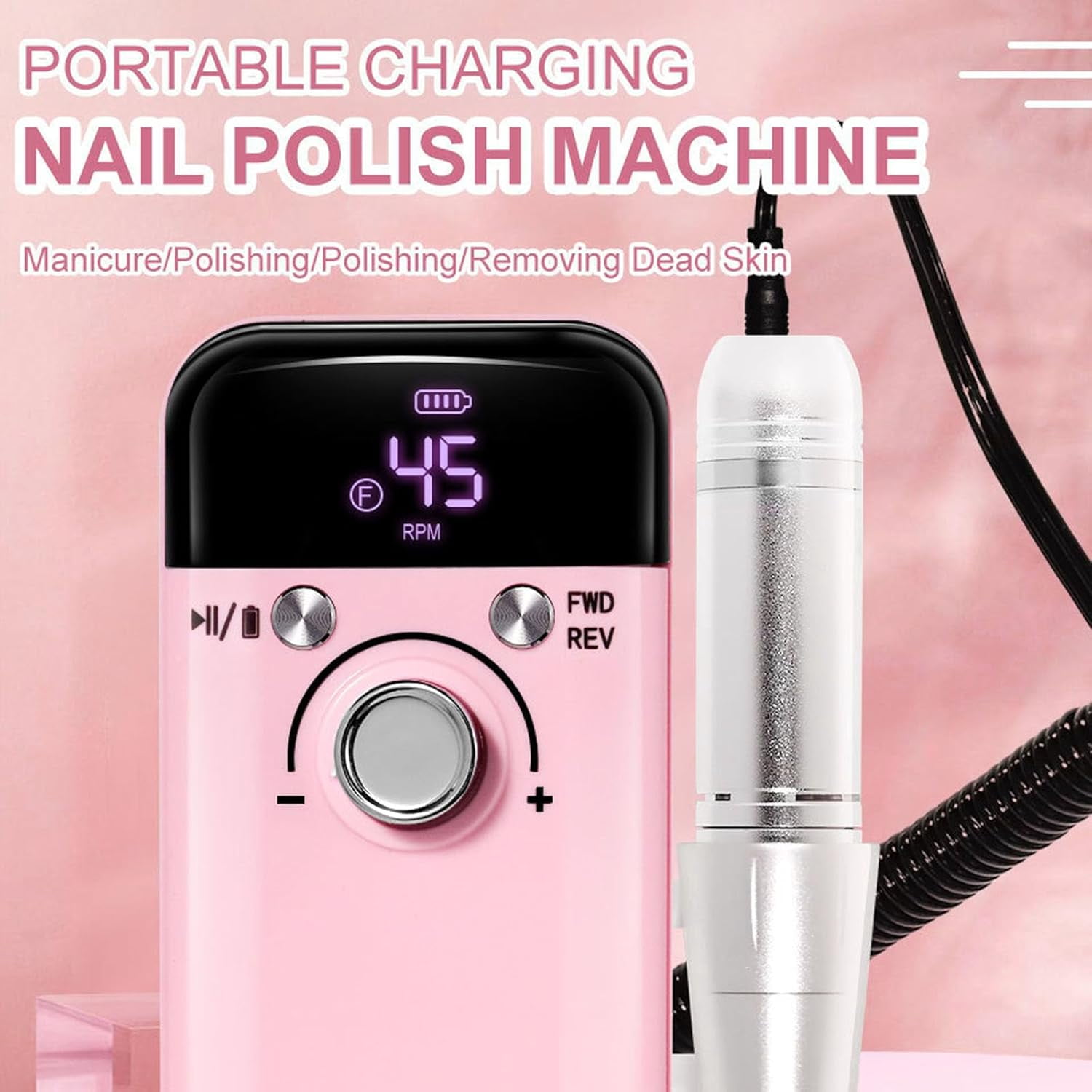 IDFINE Electric Nail Drill Professional 45000RPM Rechargeable Portable File for Acrylic and Gel Nails (Pink, 1 Kit) 30vv1