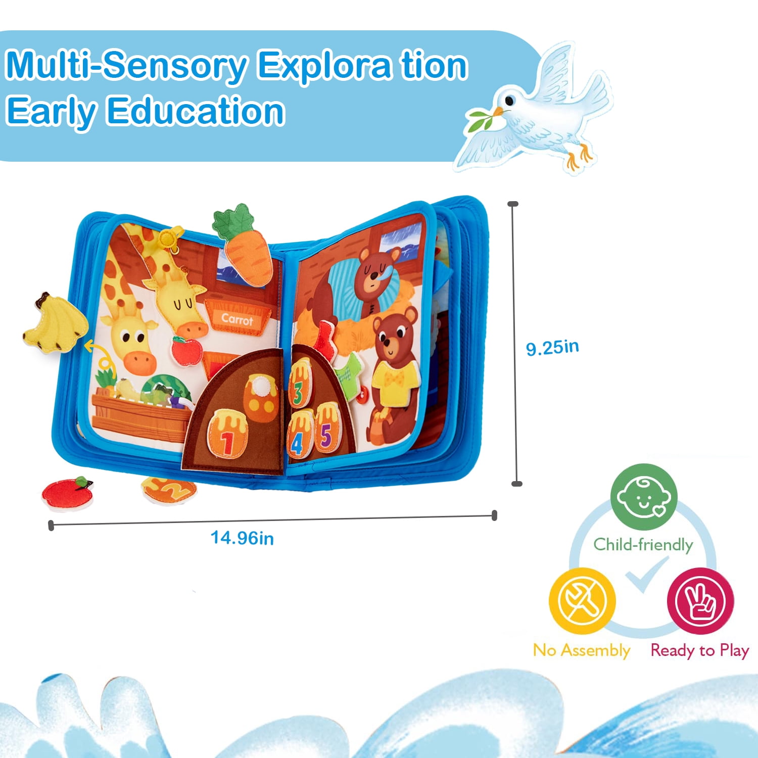 DEGIDEGI Montessori Busy Book, Interactive Felt Educational Activity Toy for Toddlers (Blue, 10 Pages) x74t1