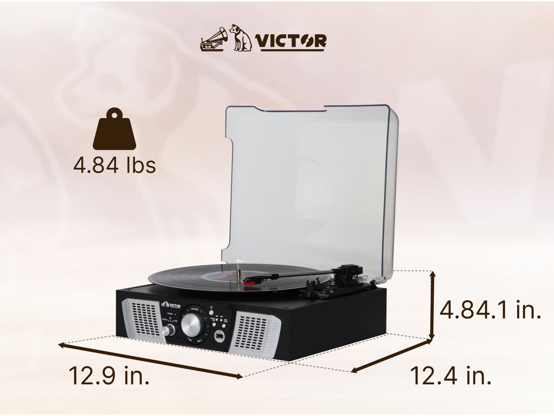 Victor Lakeshore 5-in-1 Turntable System with 3-Speed Record Player, Bluetooth, USB Recording, and Stereo Speakers (Black) 0k5pu
