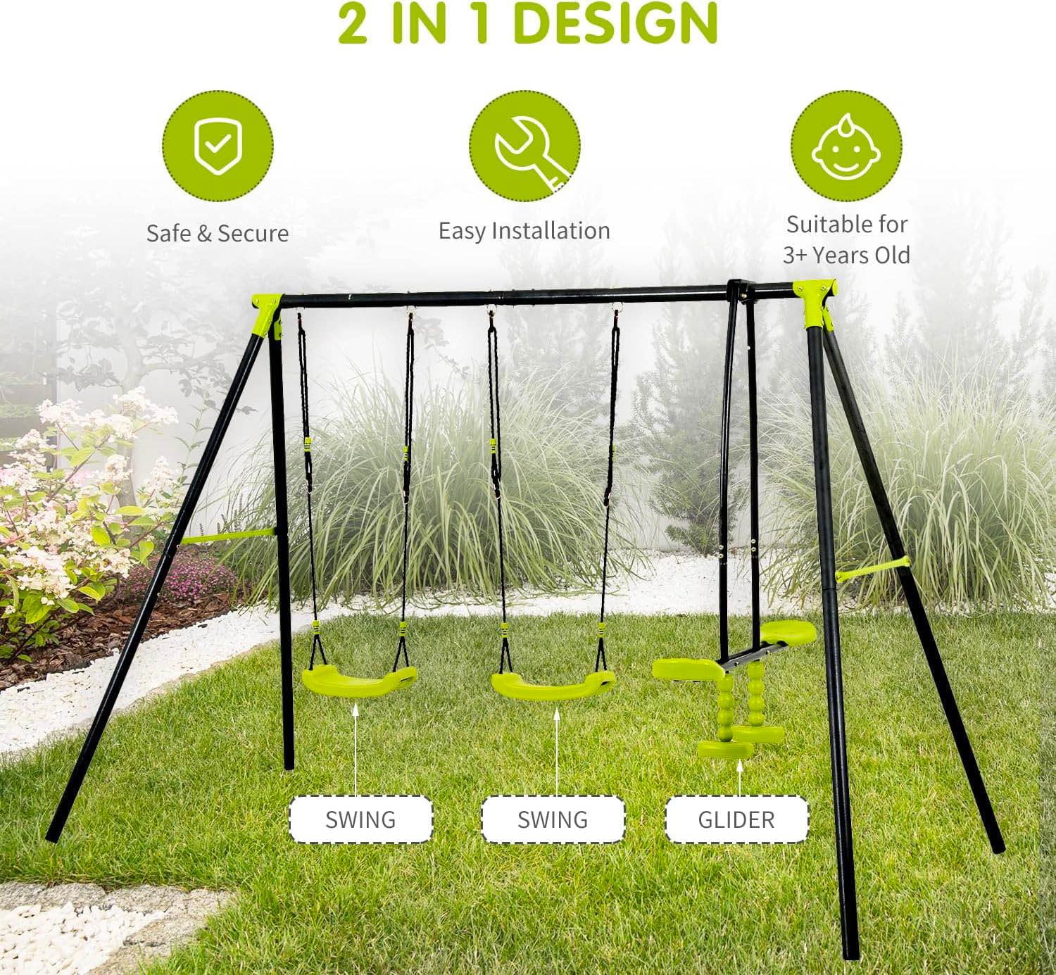 Segmart Heavy Duty Outdoor Metal Swing Set for Backyard with 2 Belt Swings and Glider (Green) f1rob