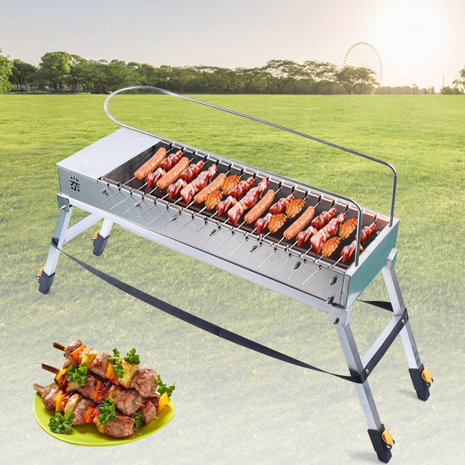 KONKENIE Foldable Electric BBQ Grill Stainless Steel Portable Outdoor Camping Barbecue Machine (Silver, 27 in x 9.5 in x 4.7 in) y1jlm