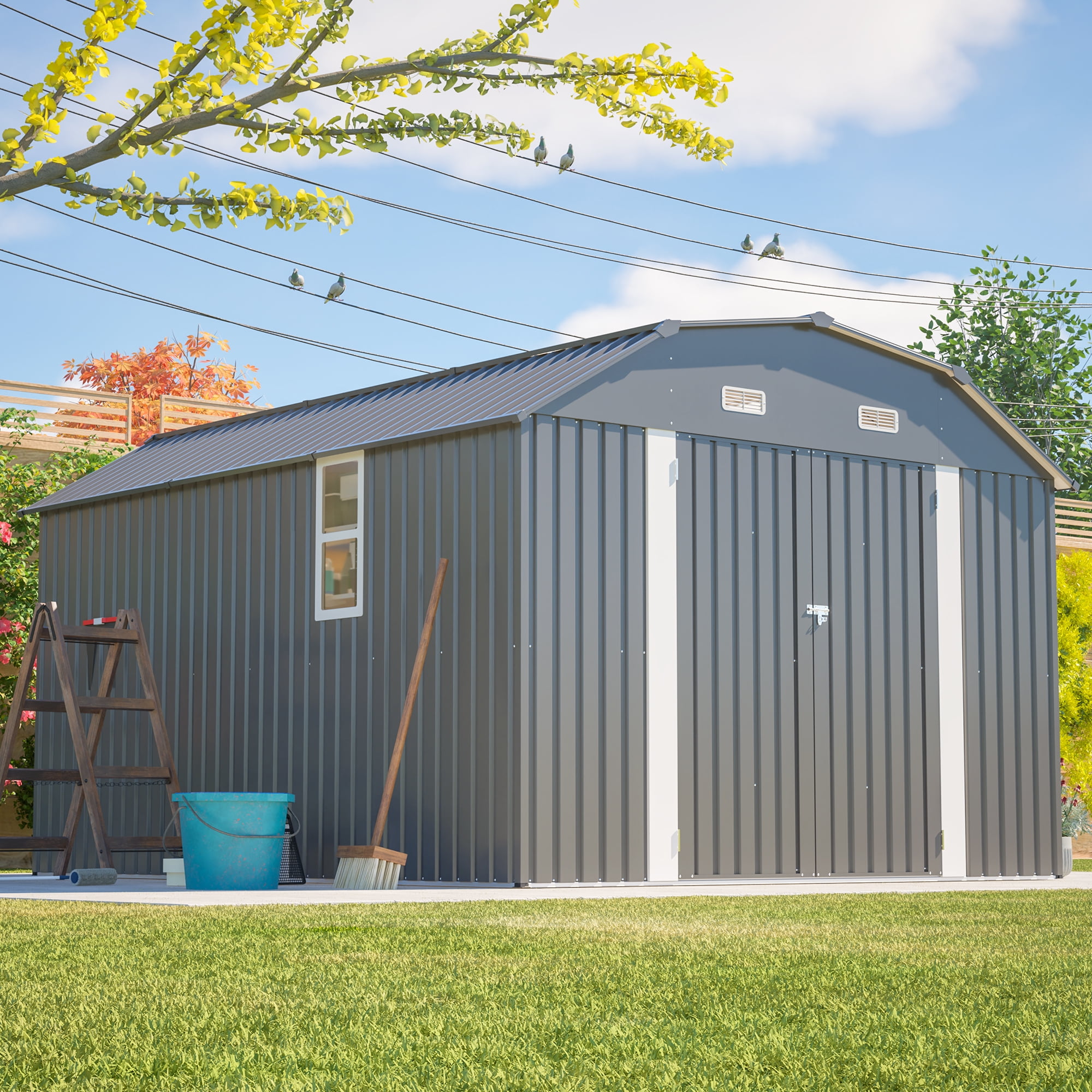 LZBEITEM Metal Outdoor Storage Shed with Floor Frame Kit, Heavy-Duty Garden Tool Shed with Lockable Door and Window (Grey, 10 ft x 12 ft) zqgpg