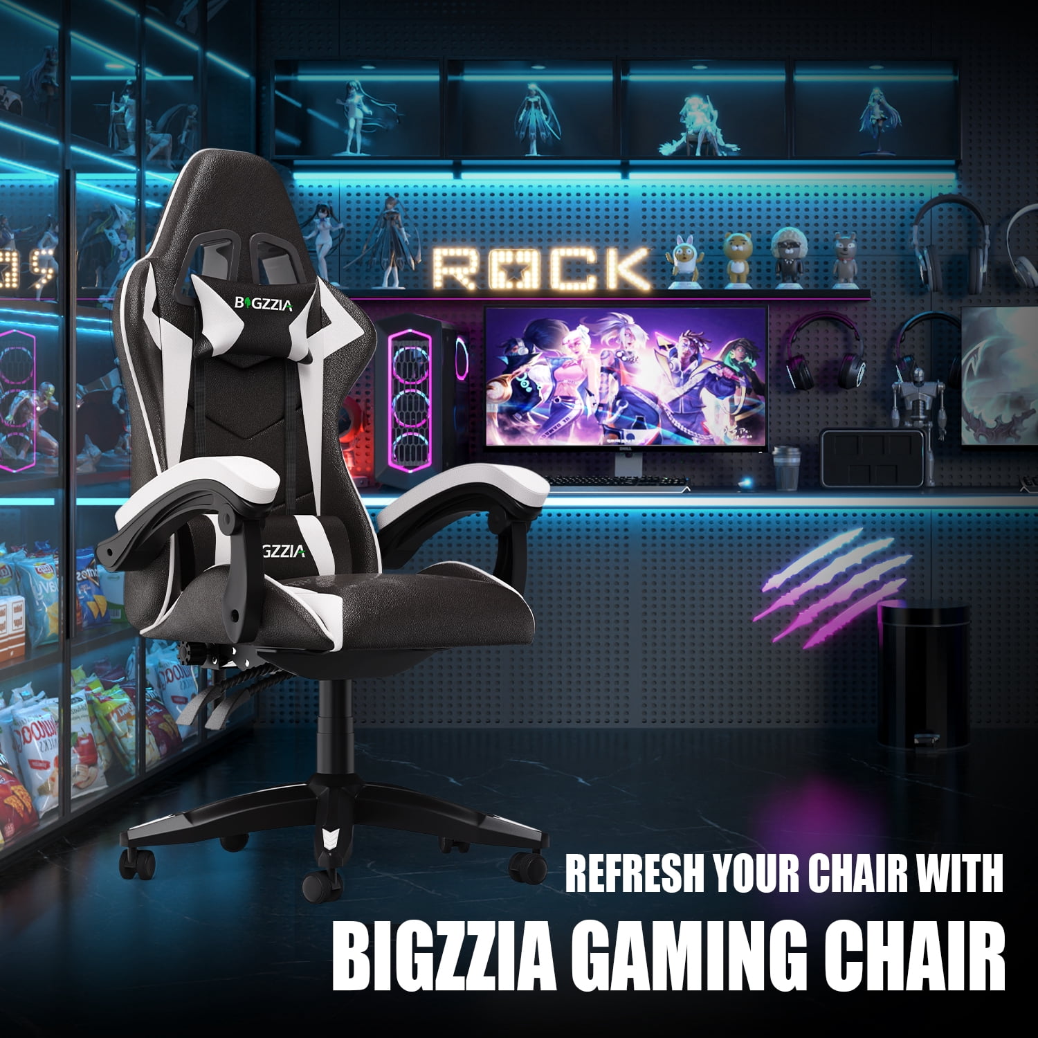Bigzzia Ergonomic Gaming Chair, Adjustable Office Desk Chair with Lumbar Support and Headrest (Black and White, 350 lb Capacity) tt7sk