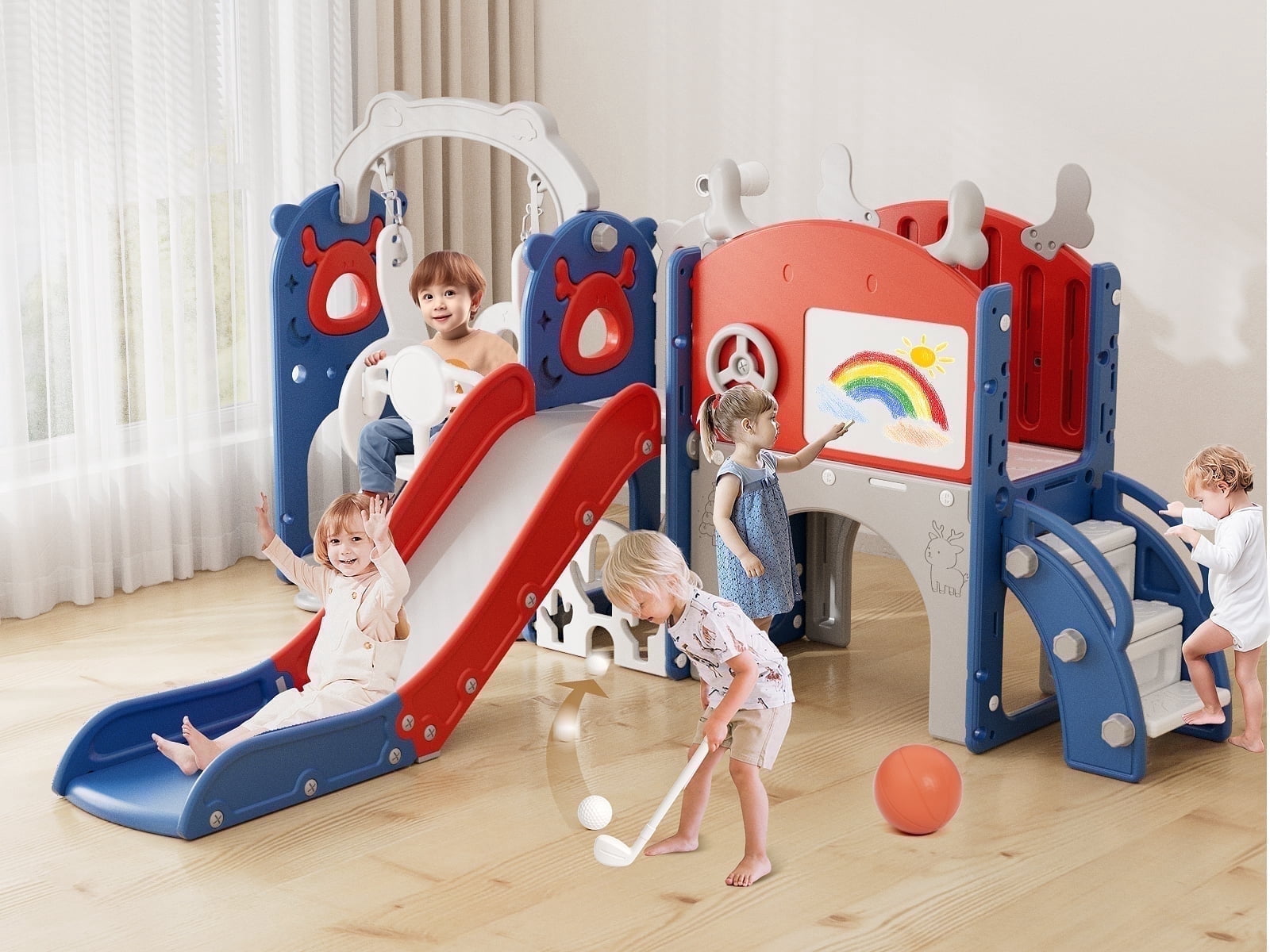 YUFU 13-in-1 Toddler Slide and Swing Set with Basketball Hoop and Drawing Board (Red, 82 in x 62 in x 41.3 in) djqu8