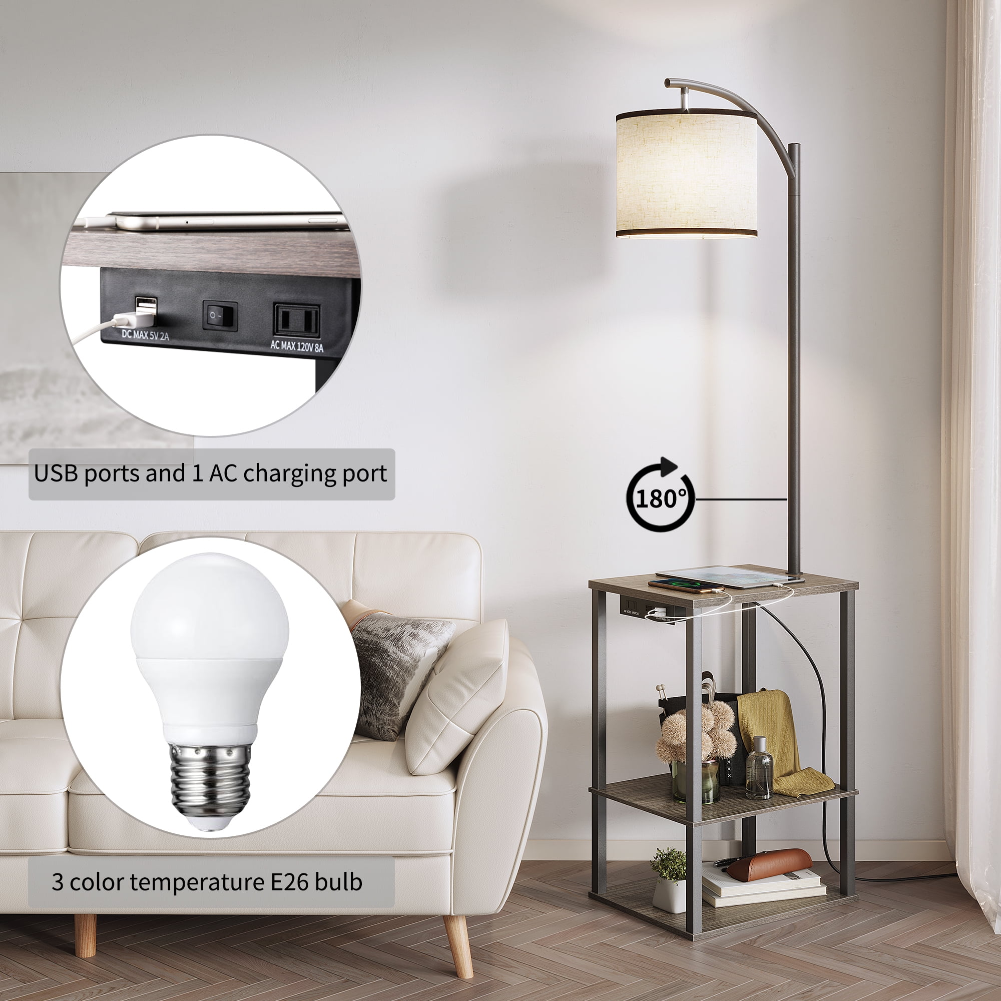 SUNMORY Floor Lamp with Integrated End Table, Charging Station with USB & AC Ports, 3-Color Temperature LED Bulb, Rustic Storage Shelves (Brown, 1 Pack) zd7c1