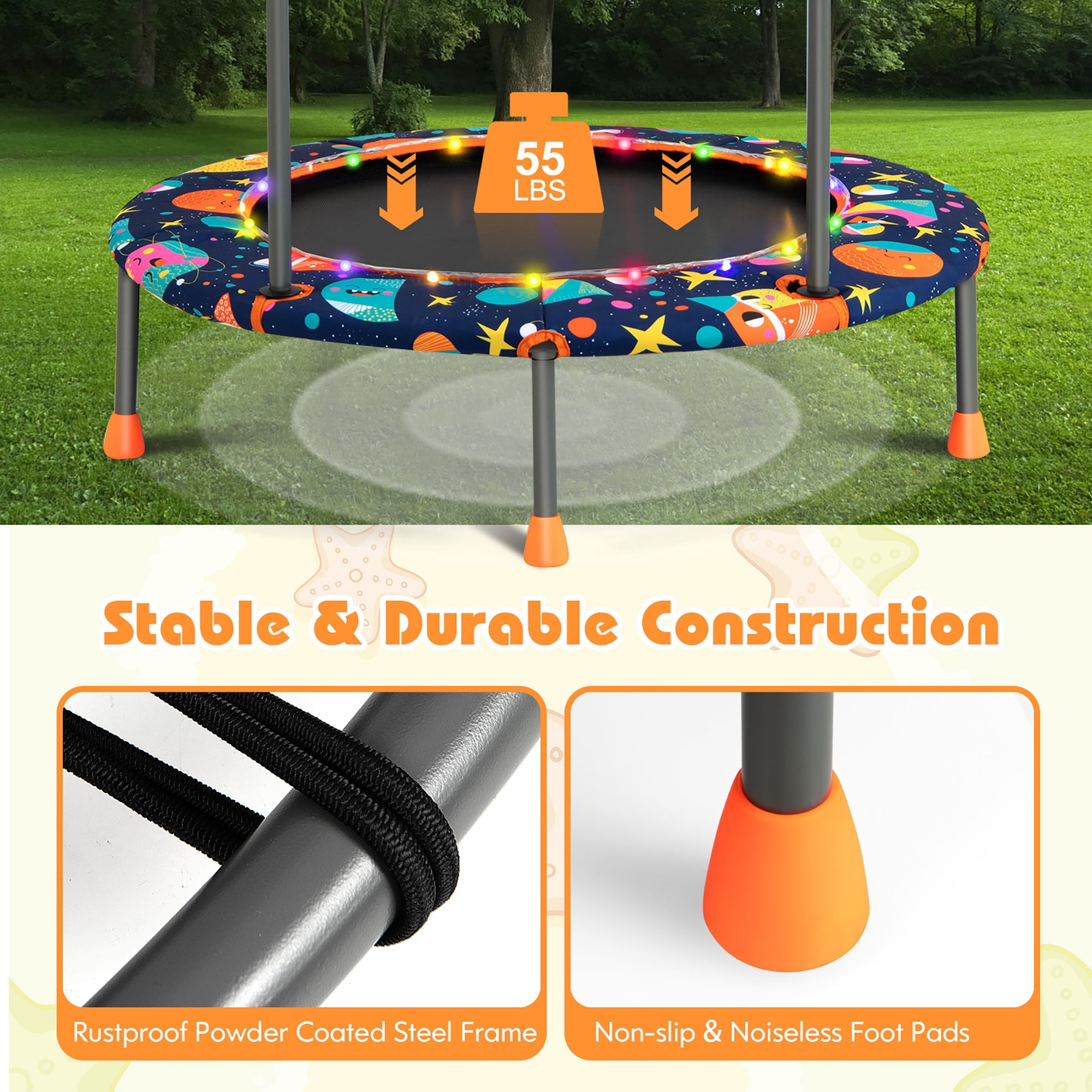 Costway 36 in Mini Toddler Trampoline with LED Lights and Bluetooth Speaker (Blue, 36 in) 8p6xt