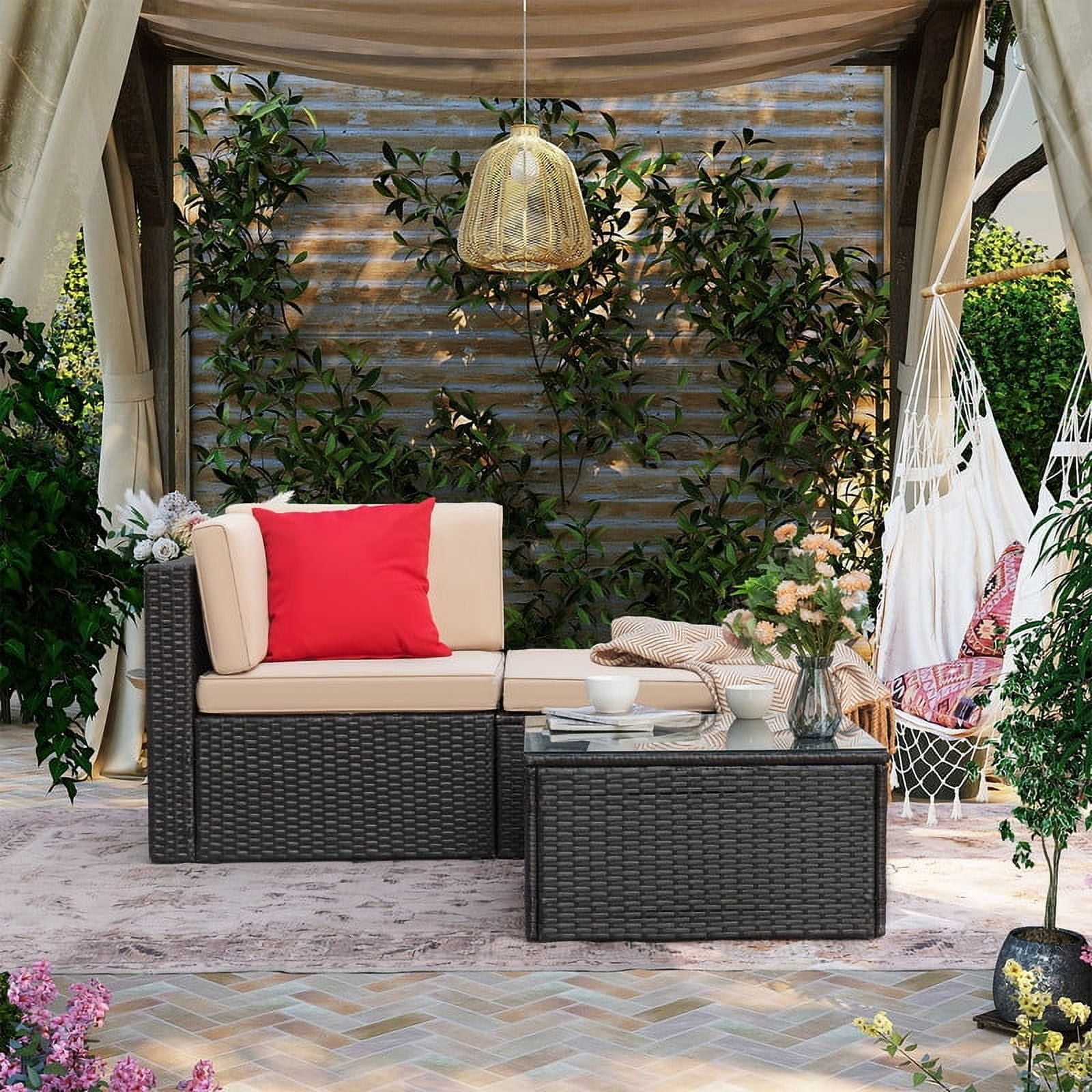 Devoko Outdoor Sectional Sofa PE Rattan Patio Furniture Set with Cushions and Table (Beige) wqmo3