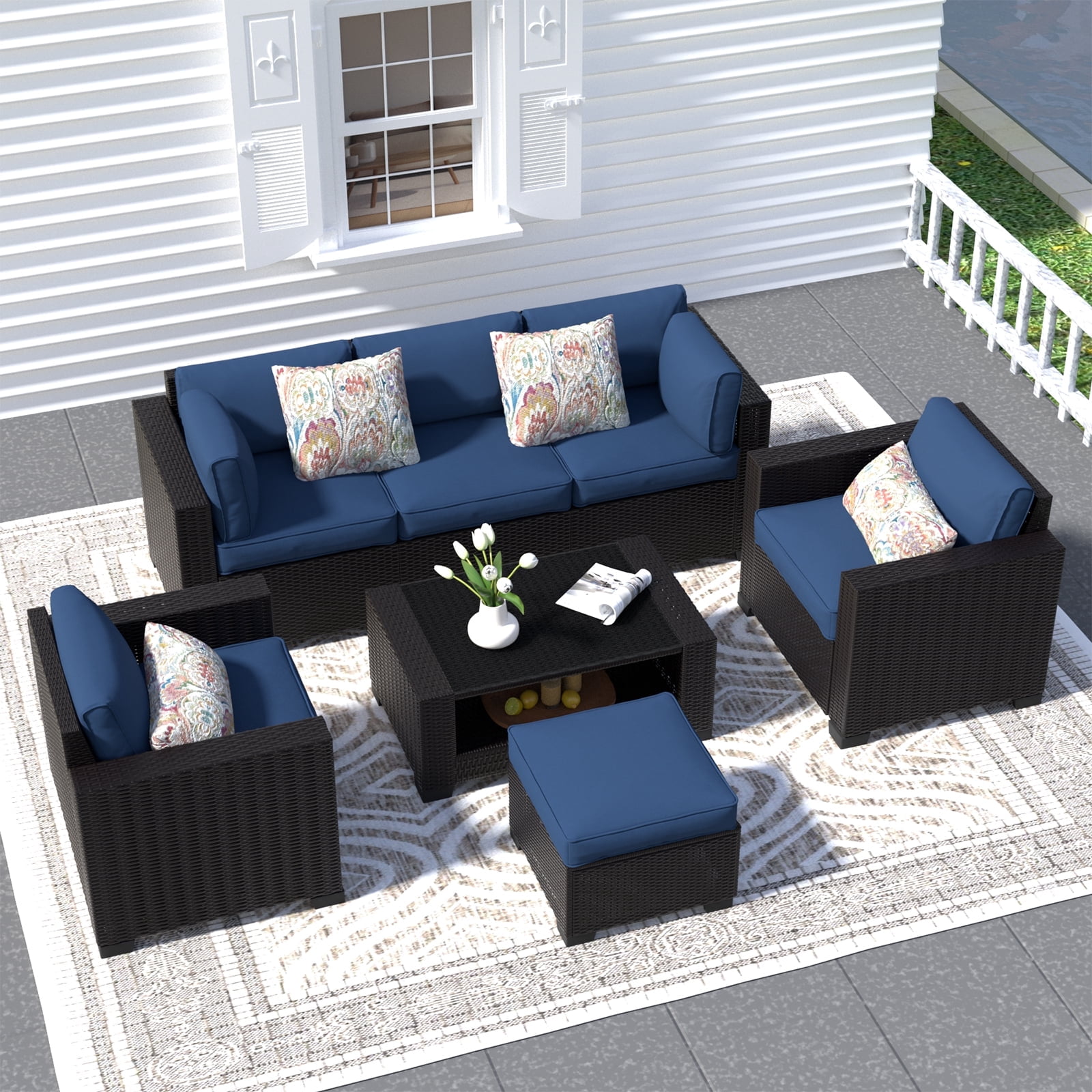 SHGJ&SOFT 7 Piece Patio Furniture Set, Wicker Outdoor Sectional Sofa with Tempered Glass Table (Black, 7 Piece Set) ej0jw