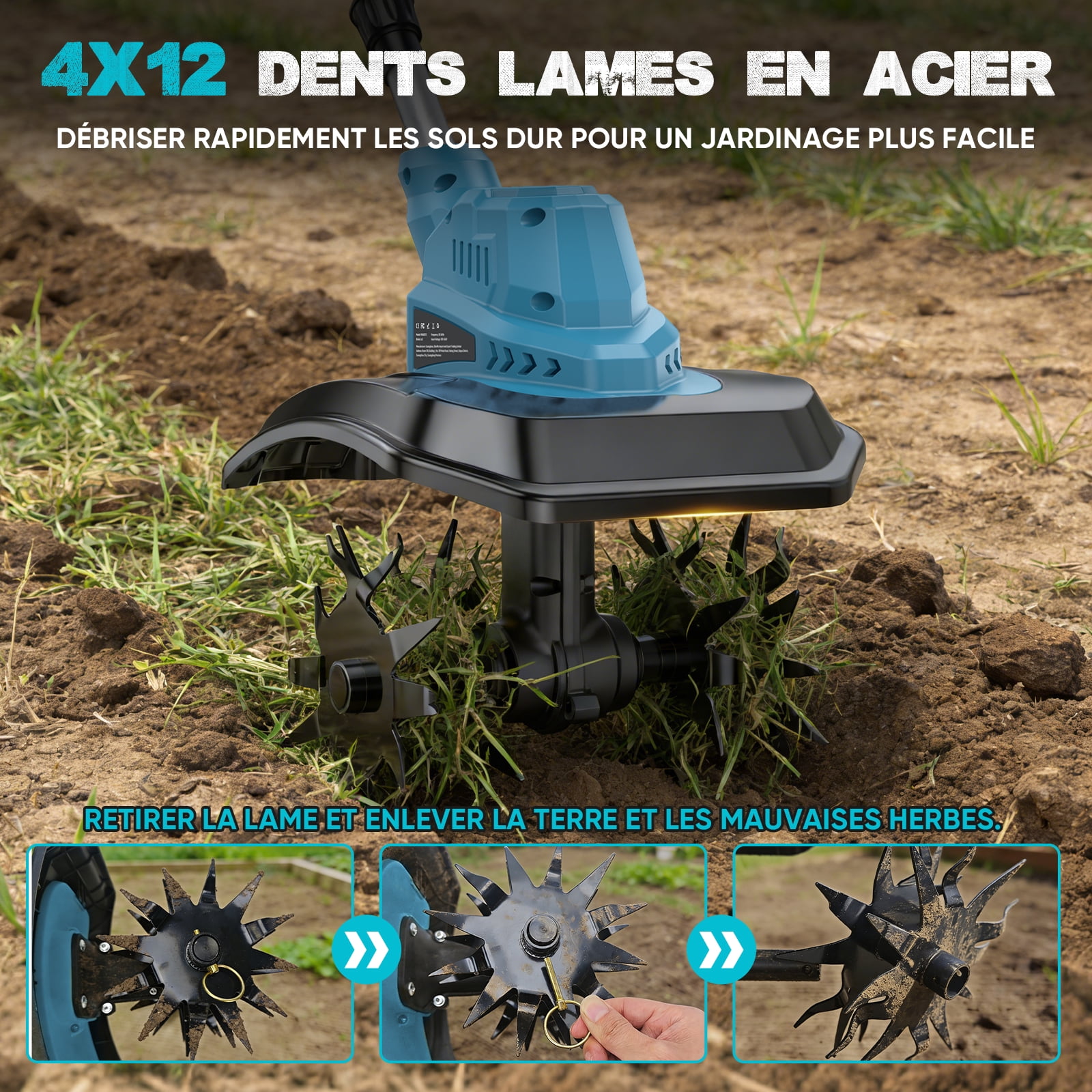 Gisam Cordless Electric Tiller Cultivator, High-Efficiency Garden Rototiller with Dual 4.0Ah Batteries, Adjustable Foldable Handle (9 in Width, 8.3 in Depth) k5ddl