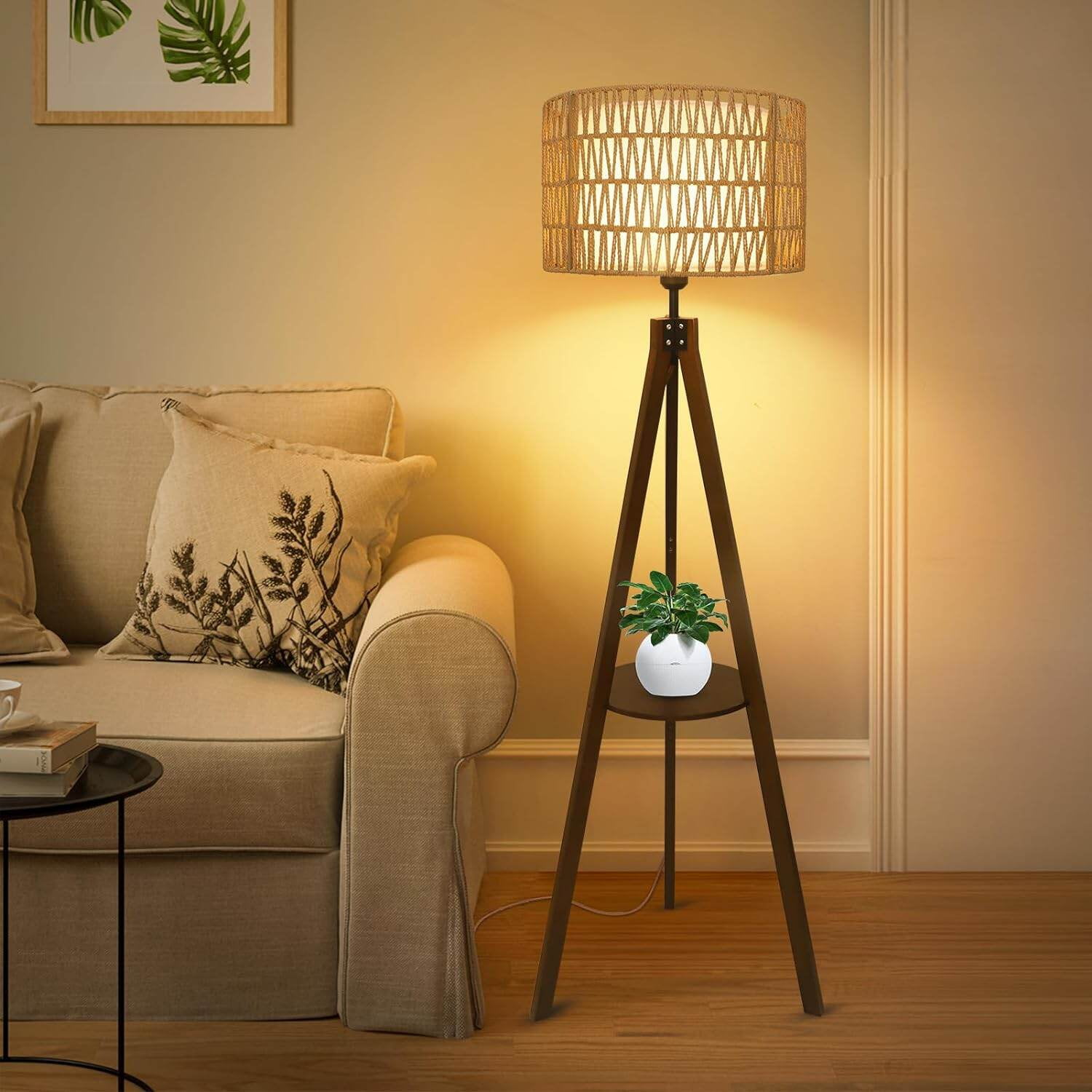 PuppyCheer Boho Tripod Floor Lamp with Shelves, Mid Century Wood Standing Lamp with Rattan & Fabric Shades (Brown, 59 in) siusv