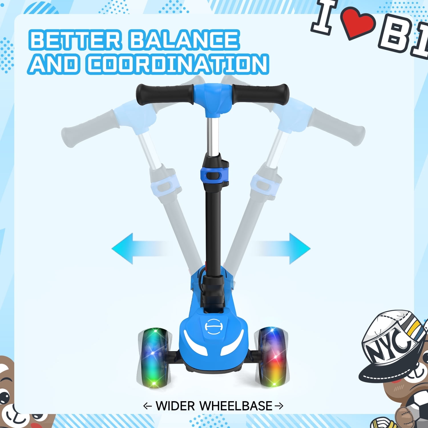 Rolldustry Electric Scooter for Kids, Foldable 3-Wheel Ride-On with LED Lights and Adjustable Handlebar (Blue, 110 lb Capacity) ye9w7