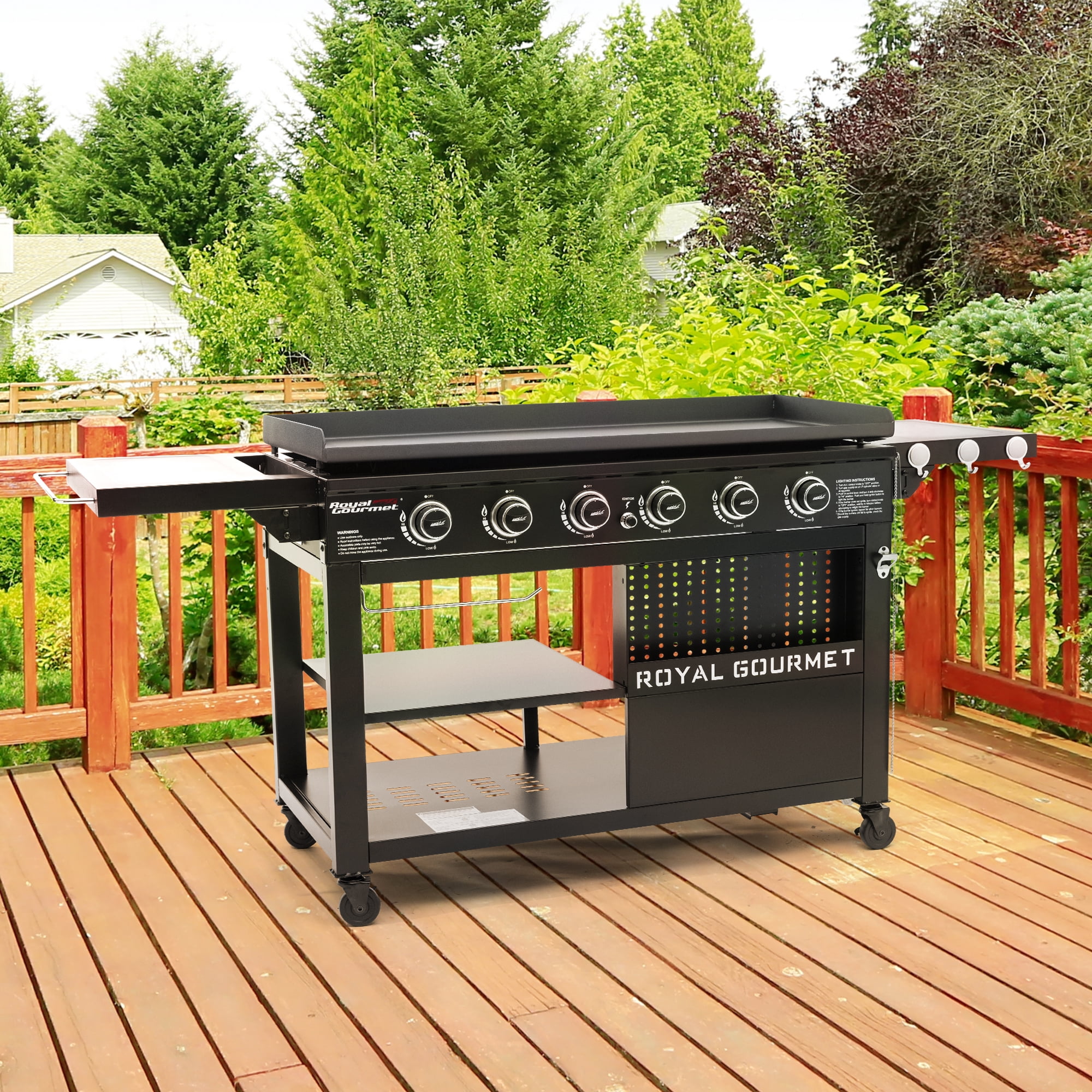 Royal Gourmet 44-inch 6-Burner Flat Top Gas Grill Griddle with Foldable Side Shelves and Spice Rack (Black, 76.1 in x 24.6 in x 36.6 in) 8hhxq