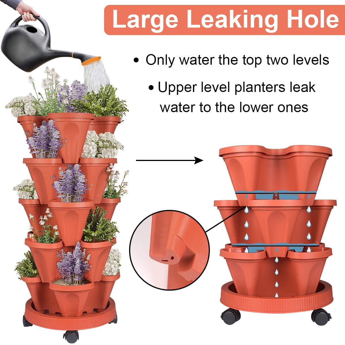 Gamexcel 5 Tier Vertical Garden Stackable Planter with Wheels and Gardening Tools (Red, 5 Tier) 4v7xm