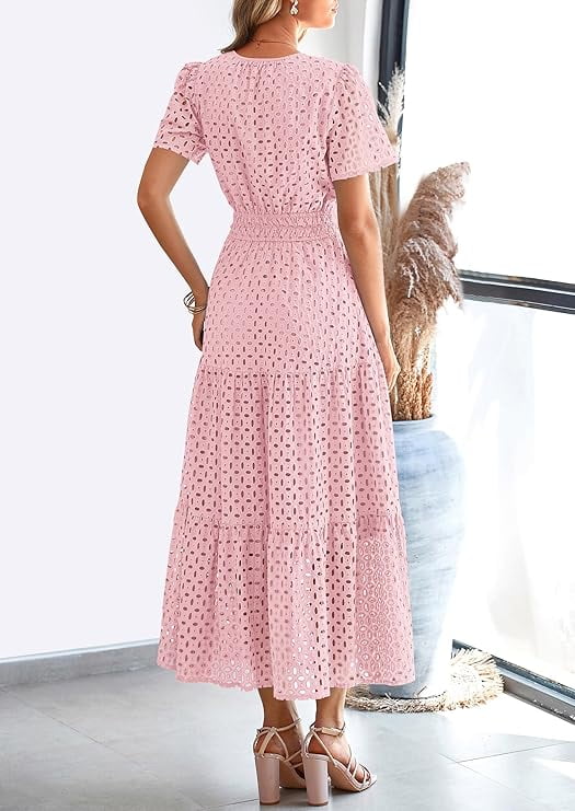 PRETTYGARDEN Womens Summer Maxi Dress V Neck Short Sleeve Eyelet A-Line Flowy Beach Vacation Dress (Pink, XL) x6cup