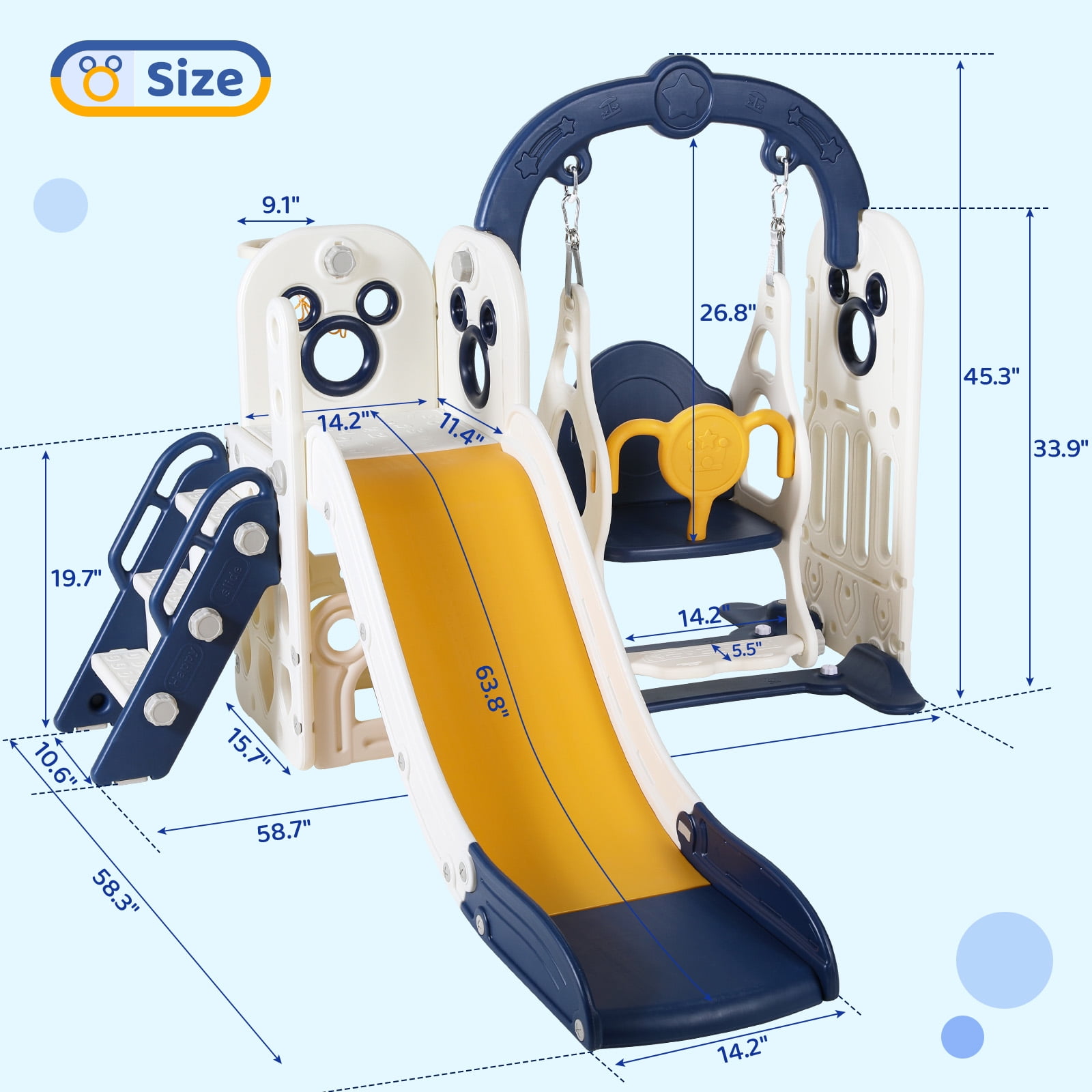 Arlopu Kids Slide and Swing Set, 5-in-1 Toddler Climber Playset with Basketball Hoop and Storage (Blue, 58.3 in x 58.7 in x 45.3 in) opnp5