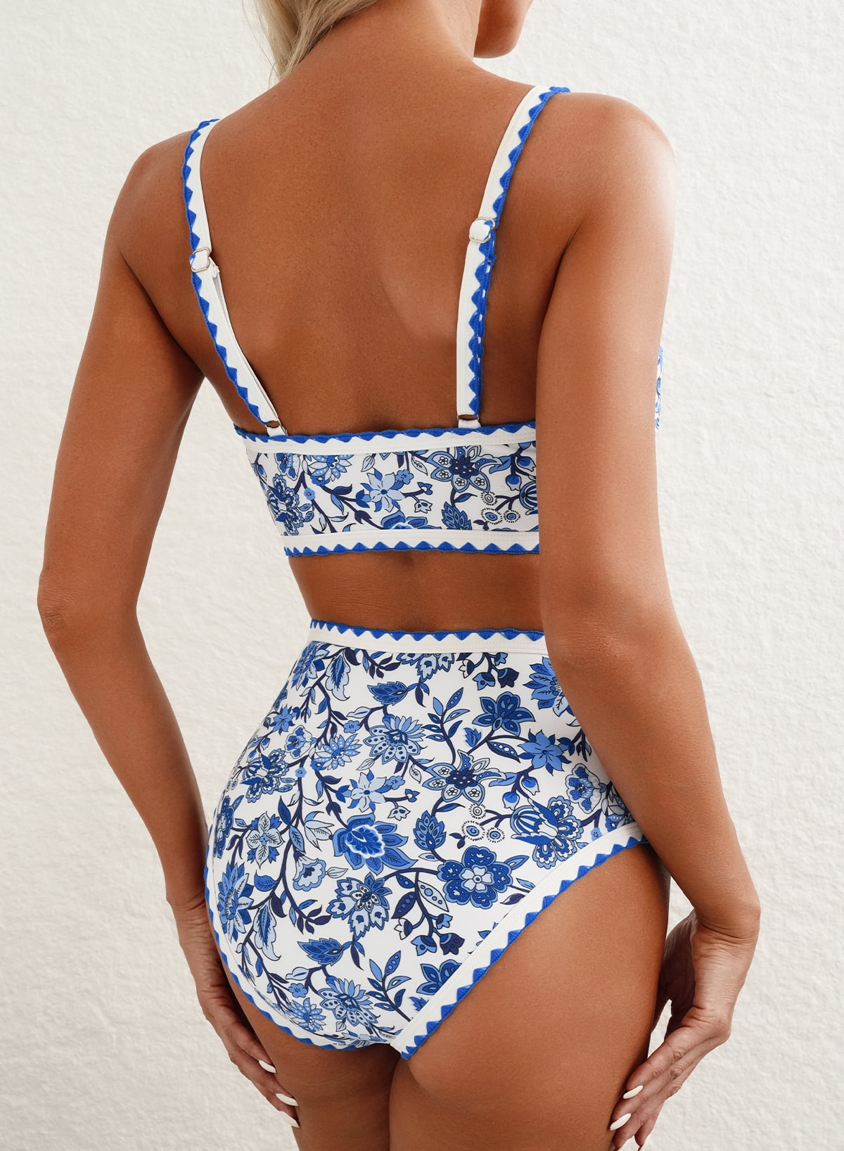 SHEWIN Women's High Waisted Bikini Set Floral Print Scoop Neck 2 Piece Swimsuit (Blue, Large) 64s7j