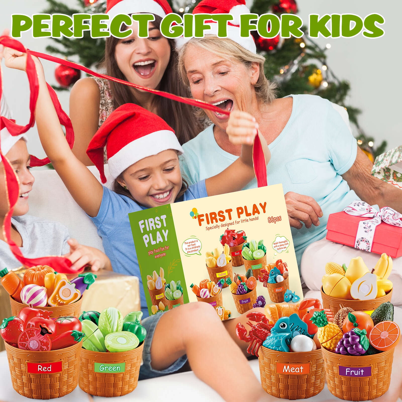 IYHN Pretend Play Food Set for Toddlers, Educational Kitchen Cutting Toys with Sorting Baskets (Multicolor, 86 Piece Set) z38oo