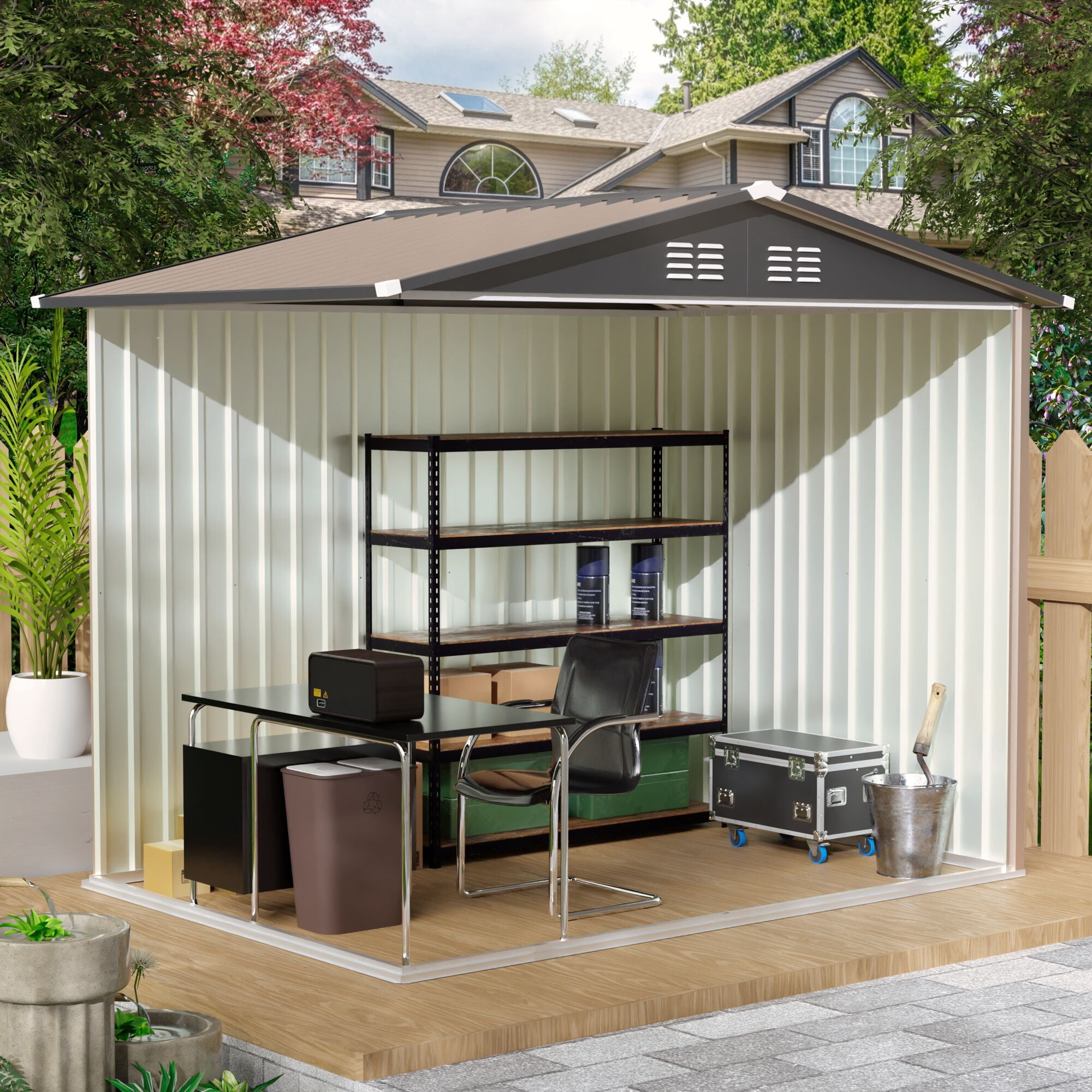 FFZ Galvanized Steel Garden Storage Shed with Apex Roof (Brown, 8x6 ft) l2dlr