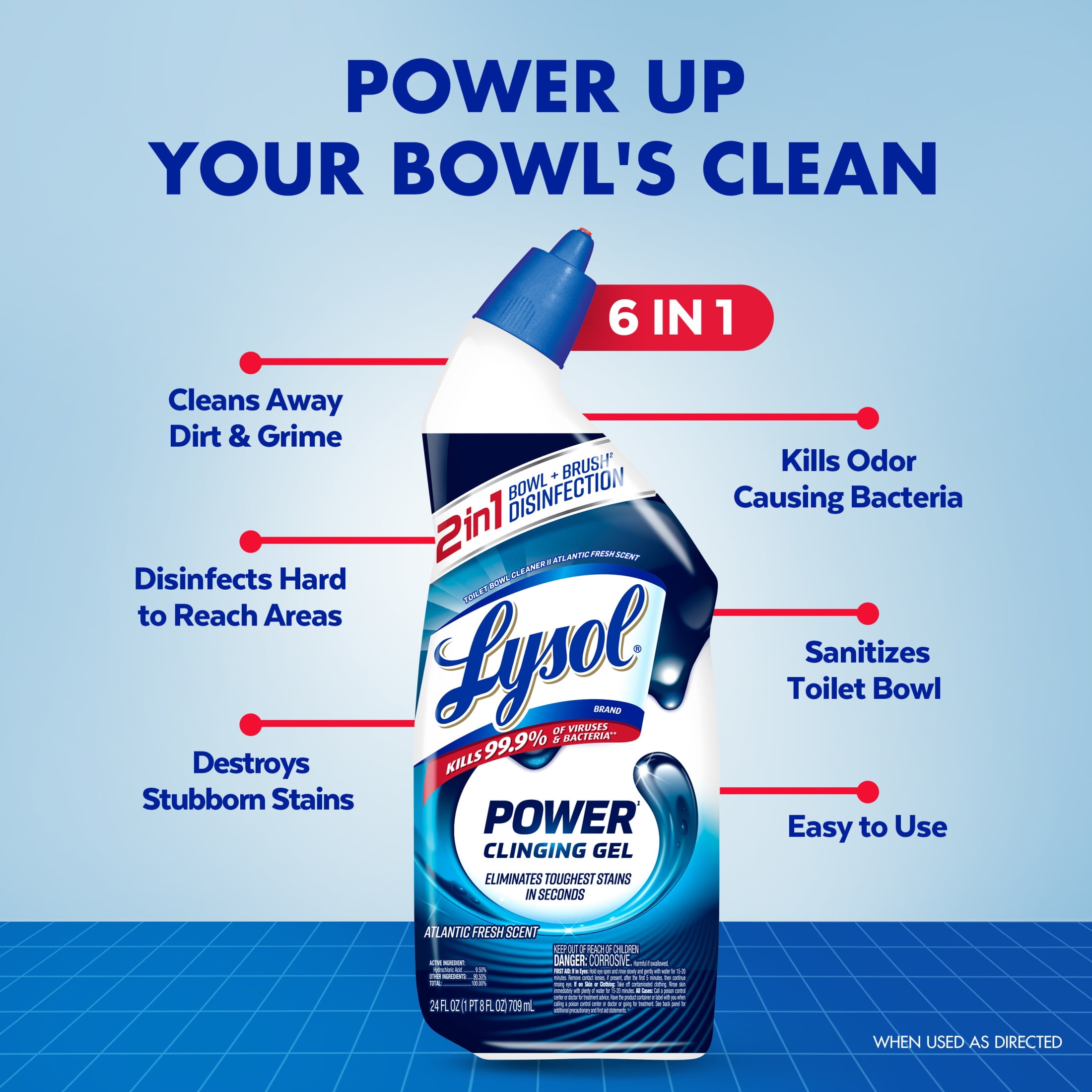 Lysol Power Toilet Bowl Cleaner Gel, Disinfecting and Stain Removal (Atlantic Fresh, 24 fl oz, 4 Pack) f2m3h