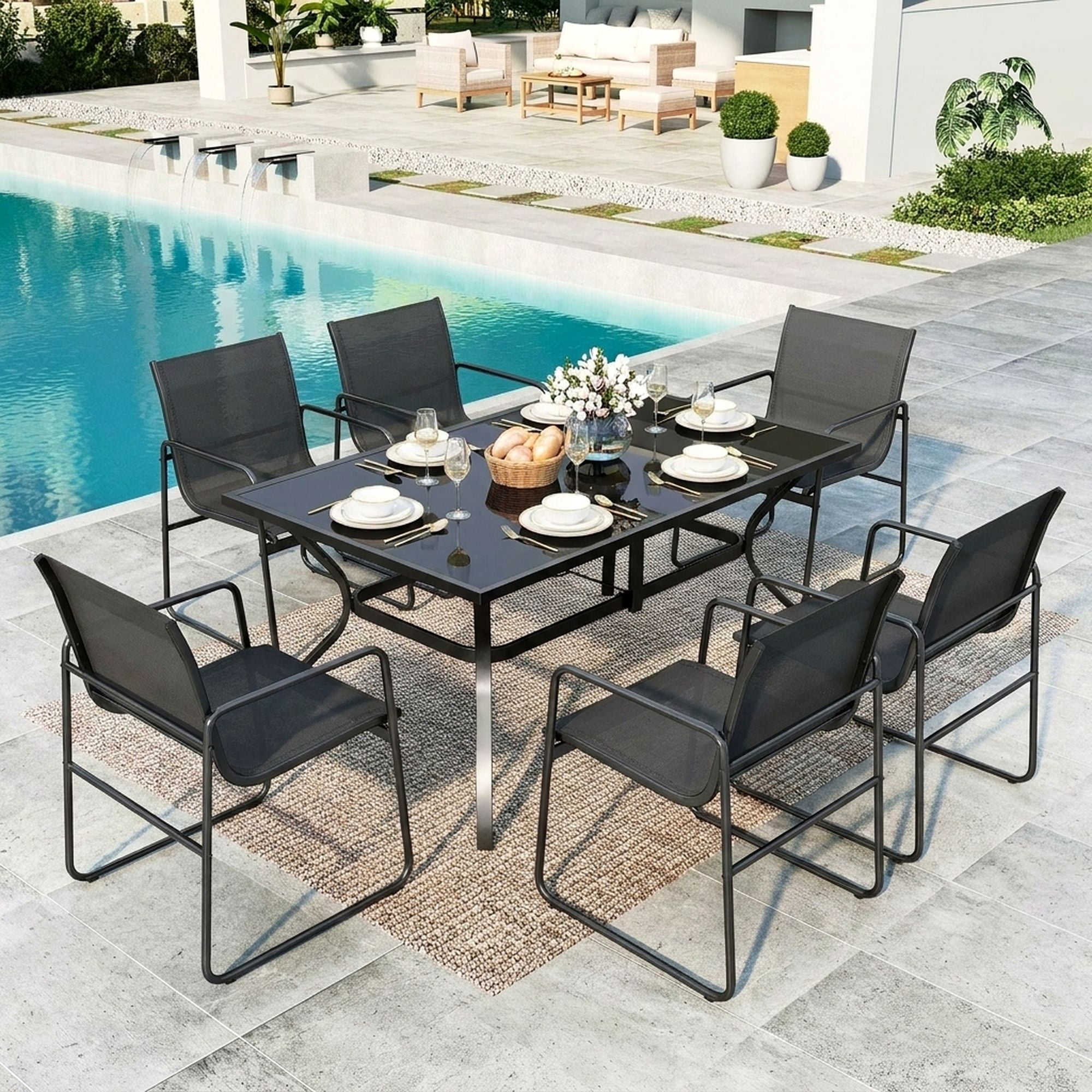 Vitarpatio 7-Piece Outdoor Patio Dining Set with 6 Textilene Chairs and Glass Table (Black, 7-Piece Set) l57ce