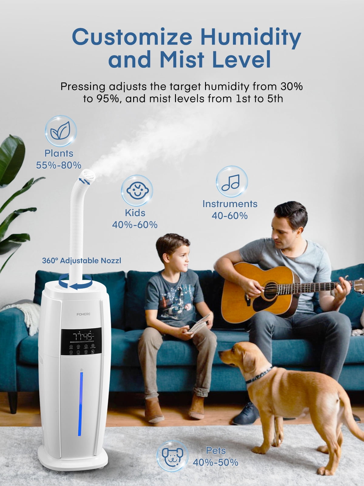 FOHERE Cool Mist Tower Humidifier for Large Rooms, Whole House Ultrasonic Humidifier with Remote Control (White, 4.8 gal) 29esc