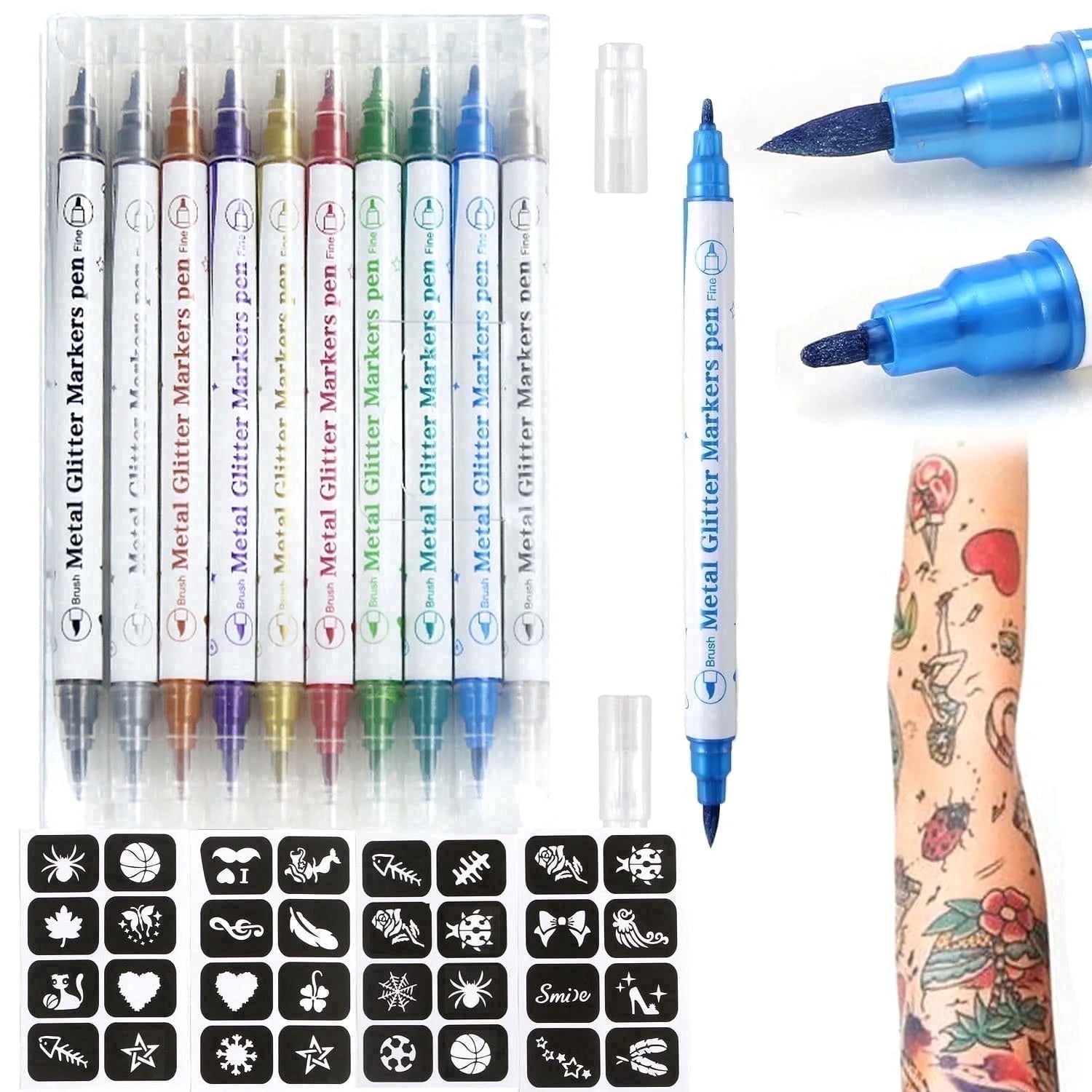 Bexikou Temporary Tattoo Pens and Stencils Kit for Body Art (Multi-Color, 10 Pack) 9xs77