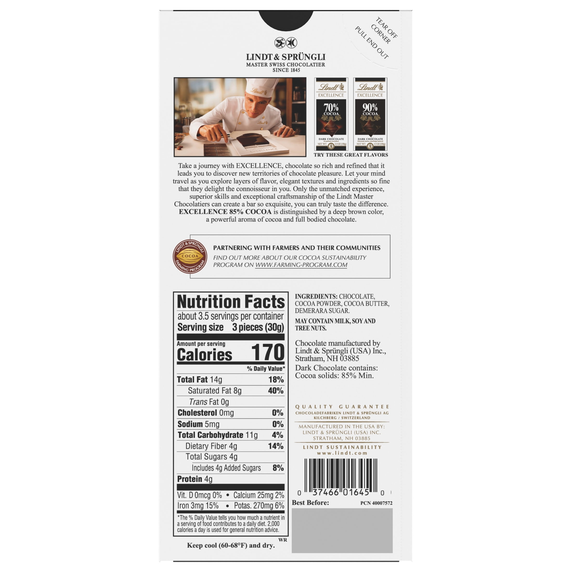 Lindt Excellence Dark Chocolate Bar, 85% Cocoa, Premium Gourmet Confectionery (3.5 oz) yhxpq