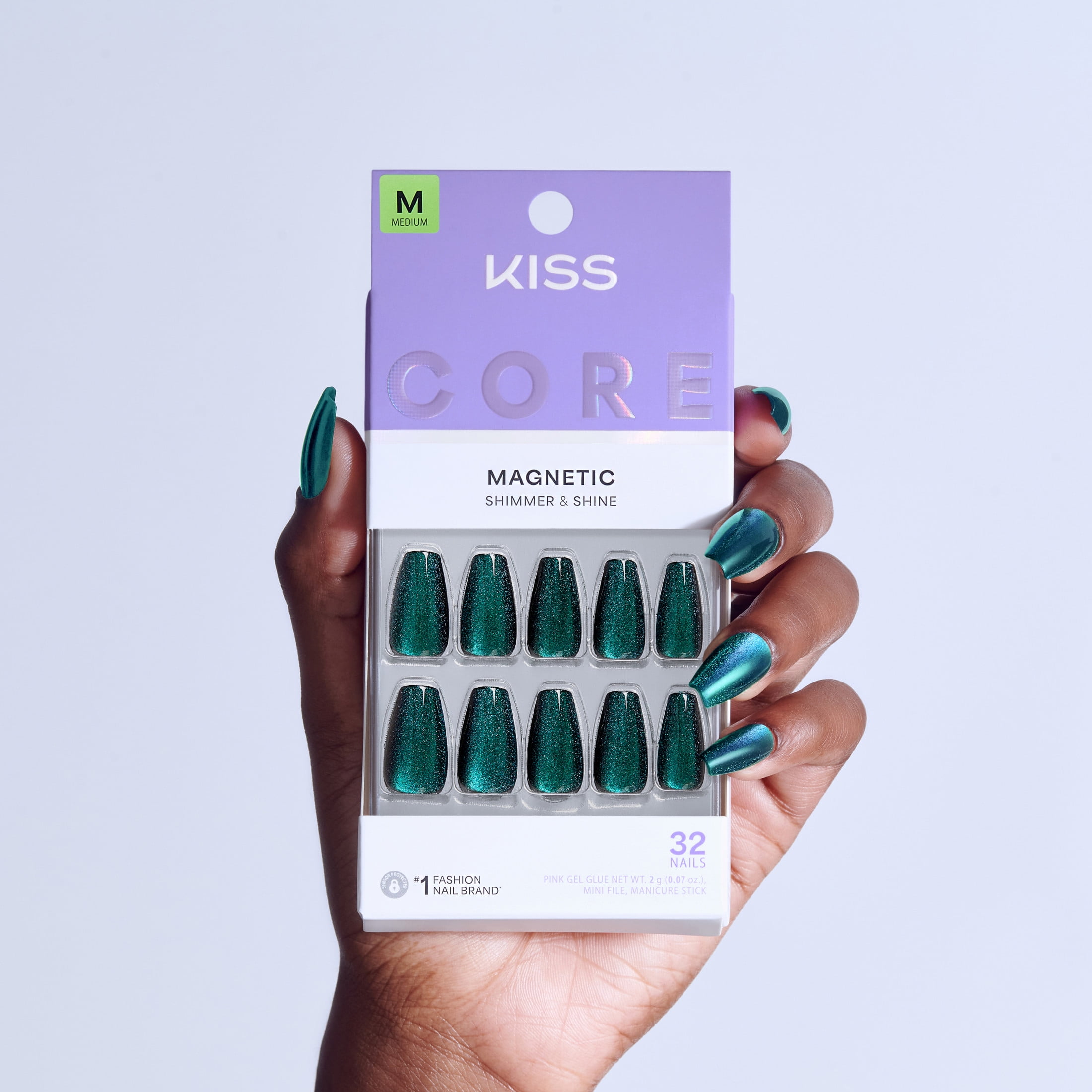 Kiss Core Magnetic Press-On Nails, Medium Coffin Shape, Durable Long-Lasting Wear (Green, 32 Pieces) jw7lt