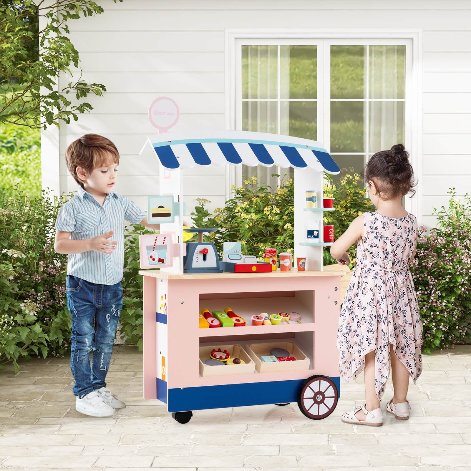 Costway Kids Snacks and Sweets Food Cart Play Set with 30 Accessories (Pink, 30 Piece Set) v72kq