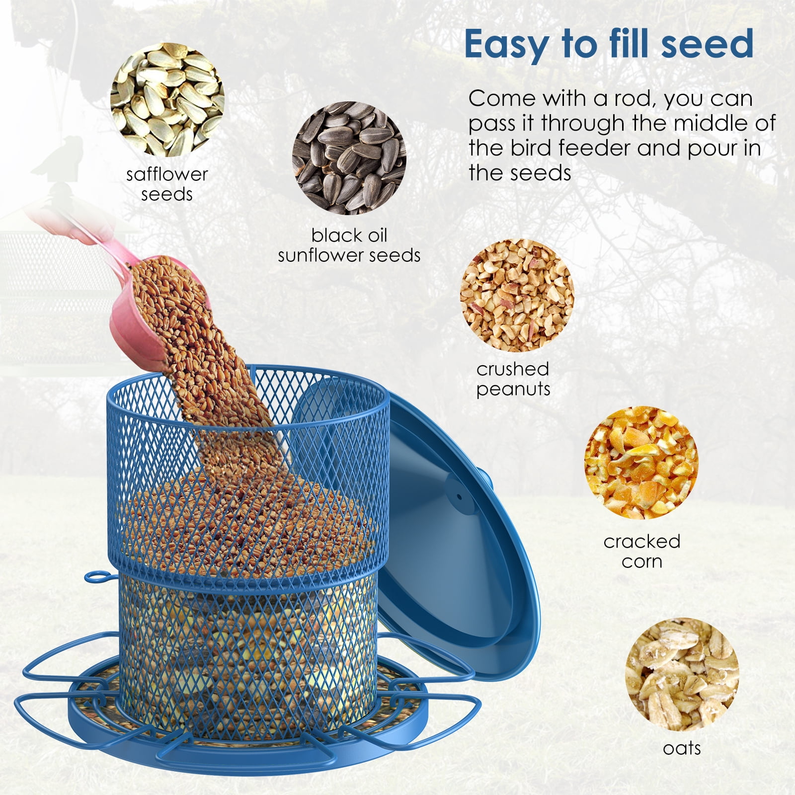 Digipettor Metal Wild Bird Feeder, Squirrel-Proof Hanging Seed Feeder for Garden and Yard (Blue, 4 lb) oarpn