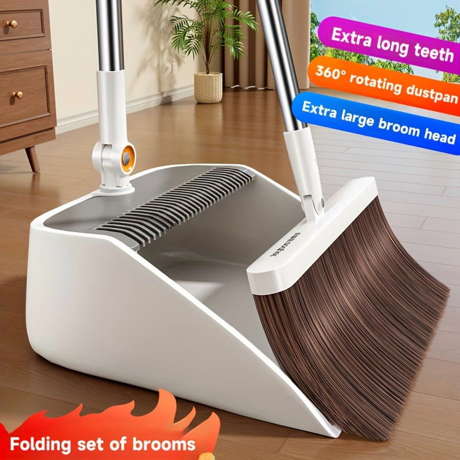 MAOFACE Broom and Dustpan Set for Home, Upright Cleaning Combo with Integrated Comb Teeth (White, 39 in) 76ckv
