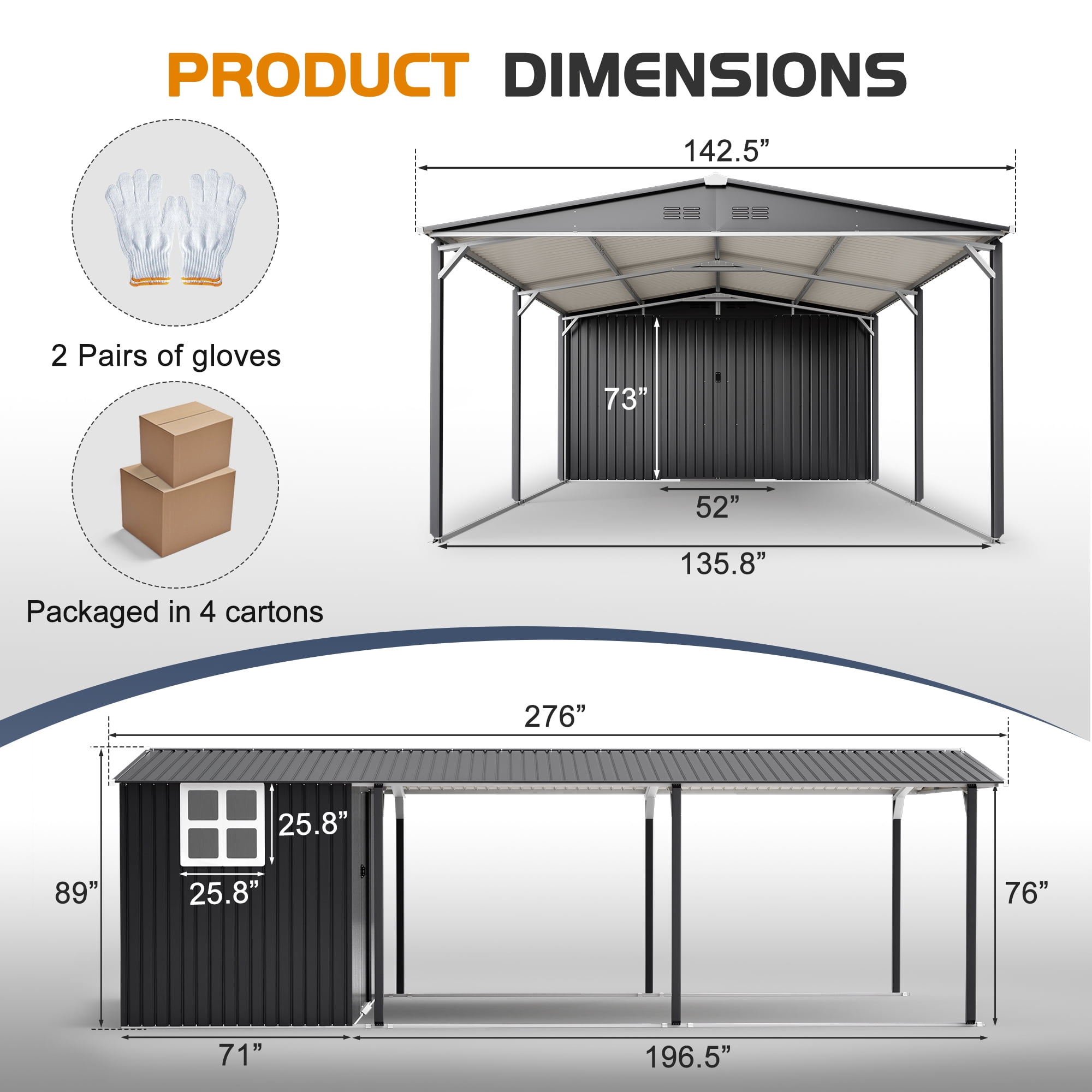 Avobird Metal Carport Storage Shed, Heavy Duty Steel Garage with Sliding Door, UV-Resistant & Waterproof (Grey, 12 ft x 23 ft) k5asw