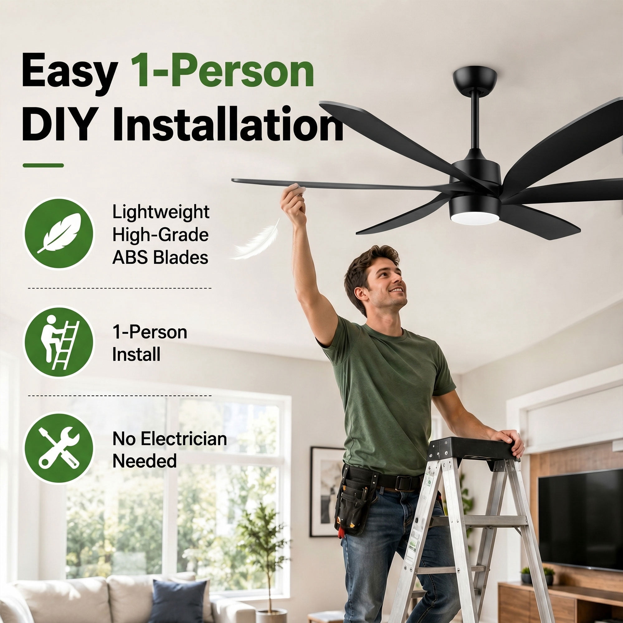 ShreeFindee 64 in Outdoor Ceiling Fan with Light, Dimmable LED, Reversible DC Motor, Waterproof for Patio and Indoor Use (Black, 64 in) olngl