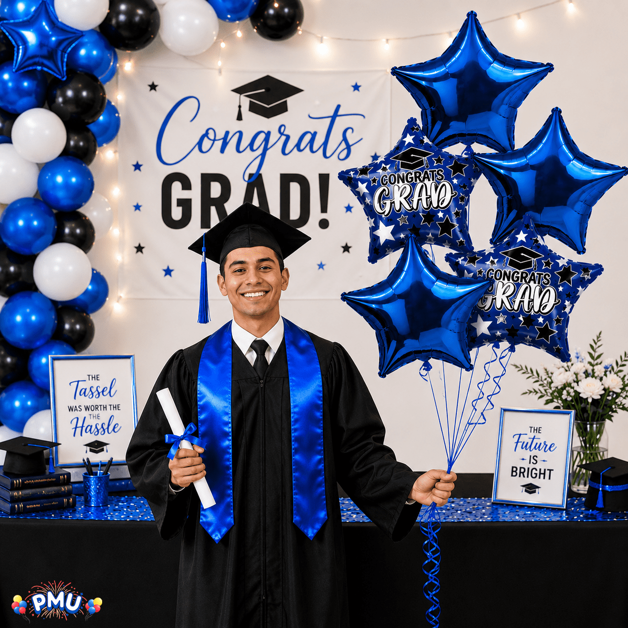PMU Graduation Party Balloon Bouquet Set, Congrats Grad Star Decorations (Blue, 6-Piece Set) htt2d
