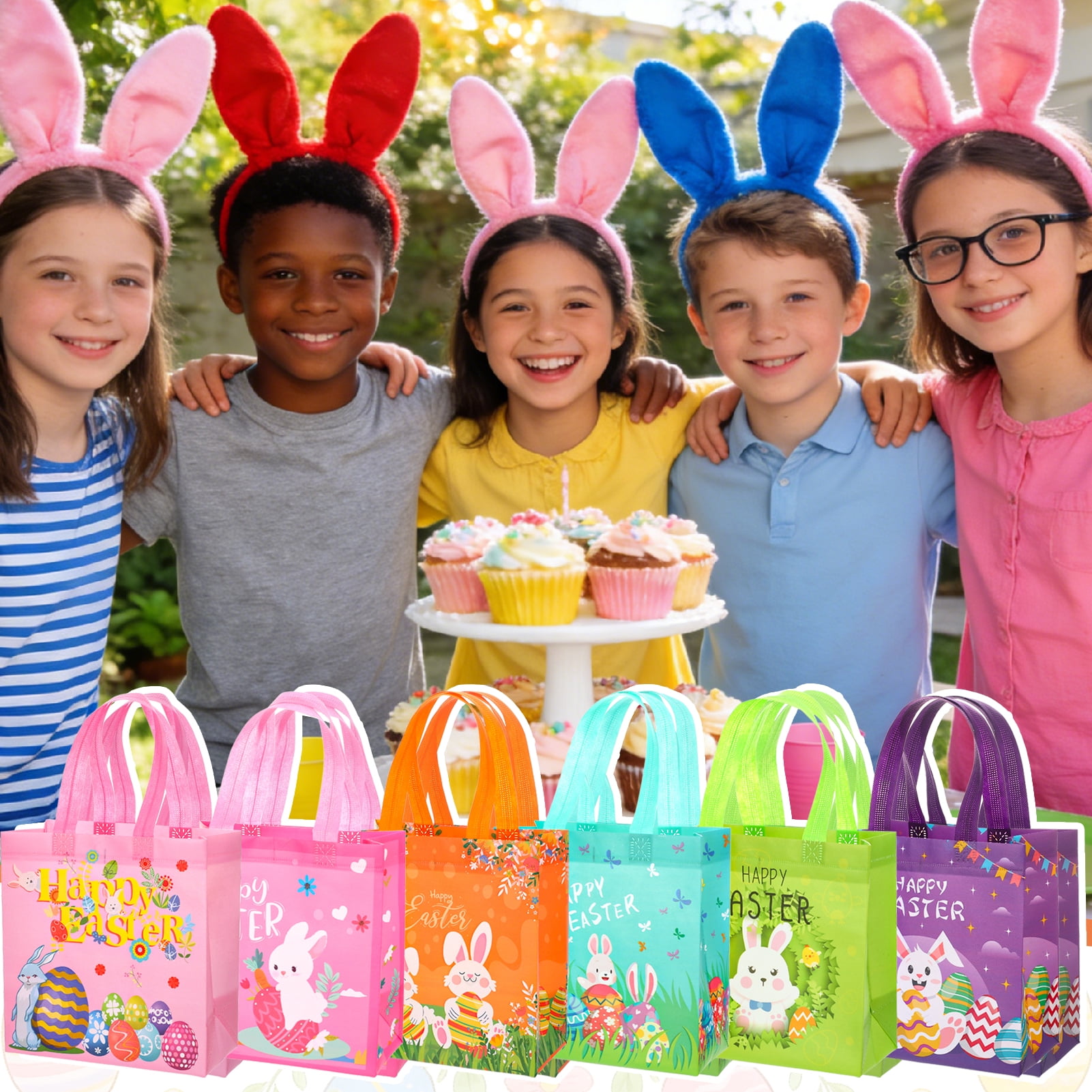 sixwipe Easter Gift Bags with Handles, Reusable Non-Woven Tote Bags for Egg Hunts and Party Favors (Blue, 12 Pack, 8.6x4.3x9 in) 7bxvg