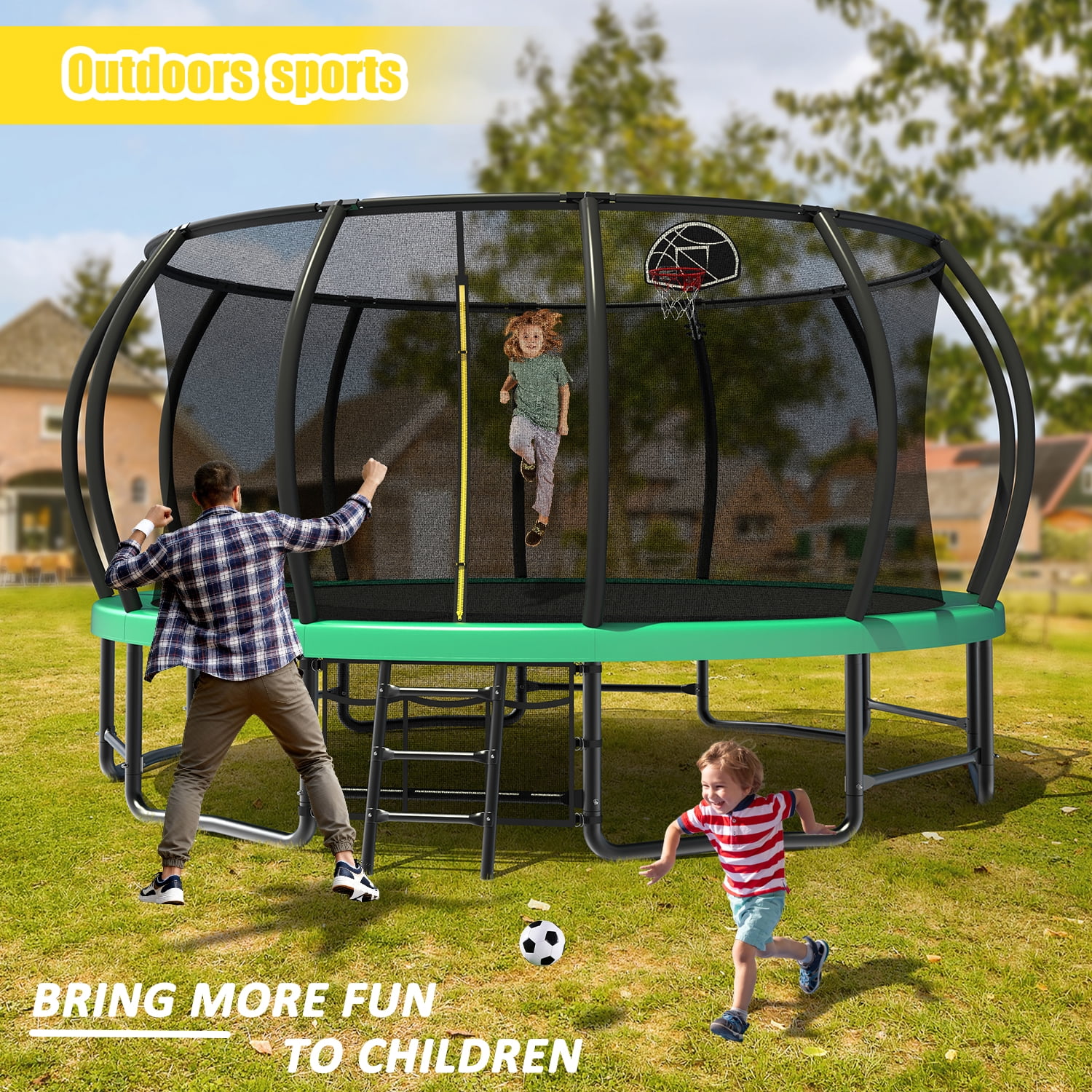 Leumius 16 ft Recreational Trampoline with Safety Enclosure, Ladder, and Basketball Hoop (Green, 16 ft) 6yack