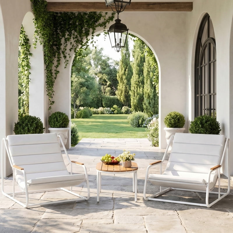 Vineego 3-Piece Outdoor Patio Conversation Bistro Set with Acacia Wood Side Table and Weather-Resistant Lounge Chairs (White, 3-Piece Set) 4ktxd