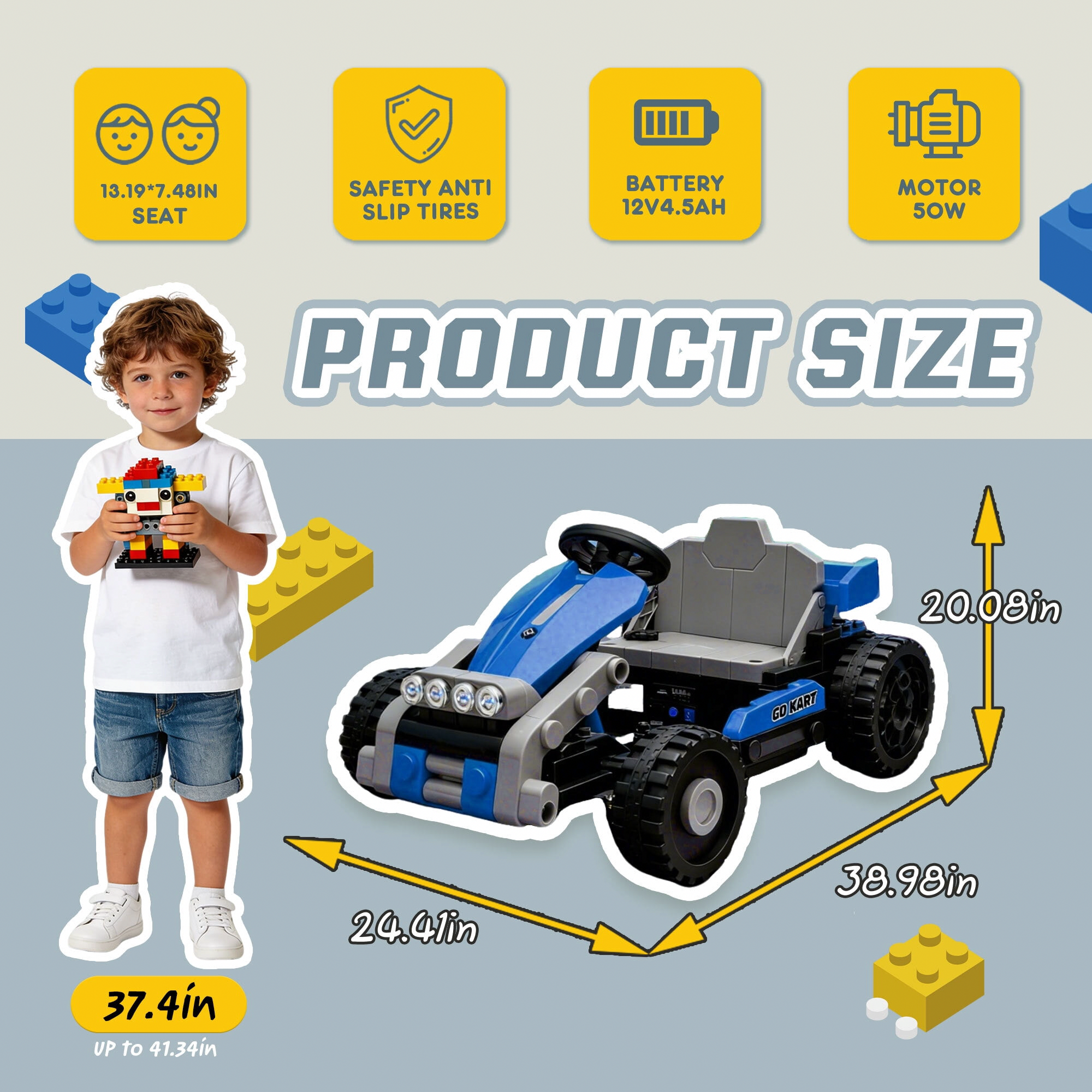 iYofe 2-in-1 Electric Ride On Building Block Car, Convertible Go-Kart with Remote Control (Blue, 12V) tlf9c