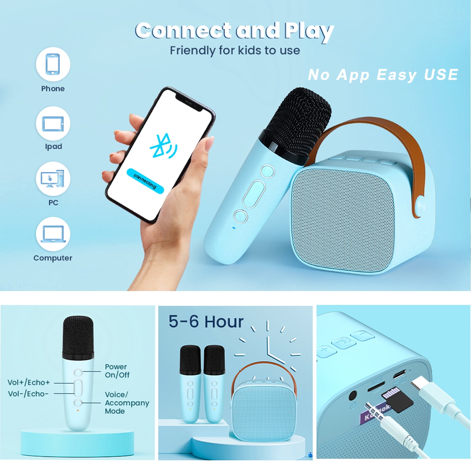 PayUSD Portable Karaoke Machine with 2 Wireless Microphones, Bluetooth Speaker for Parties (Blue, 1 Unit) wht71