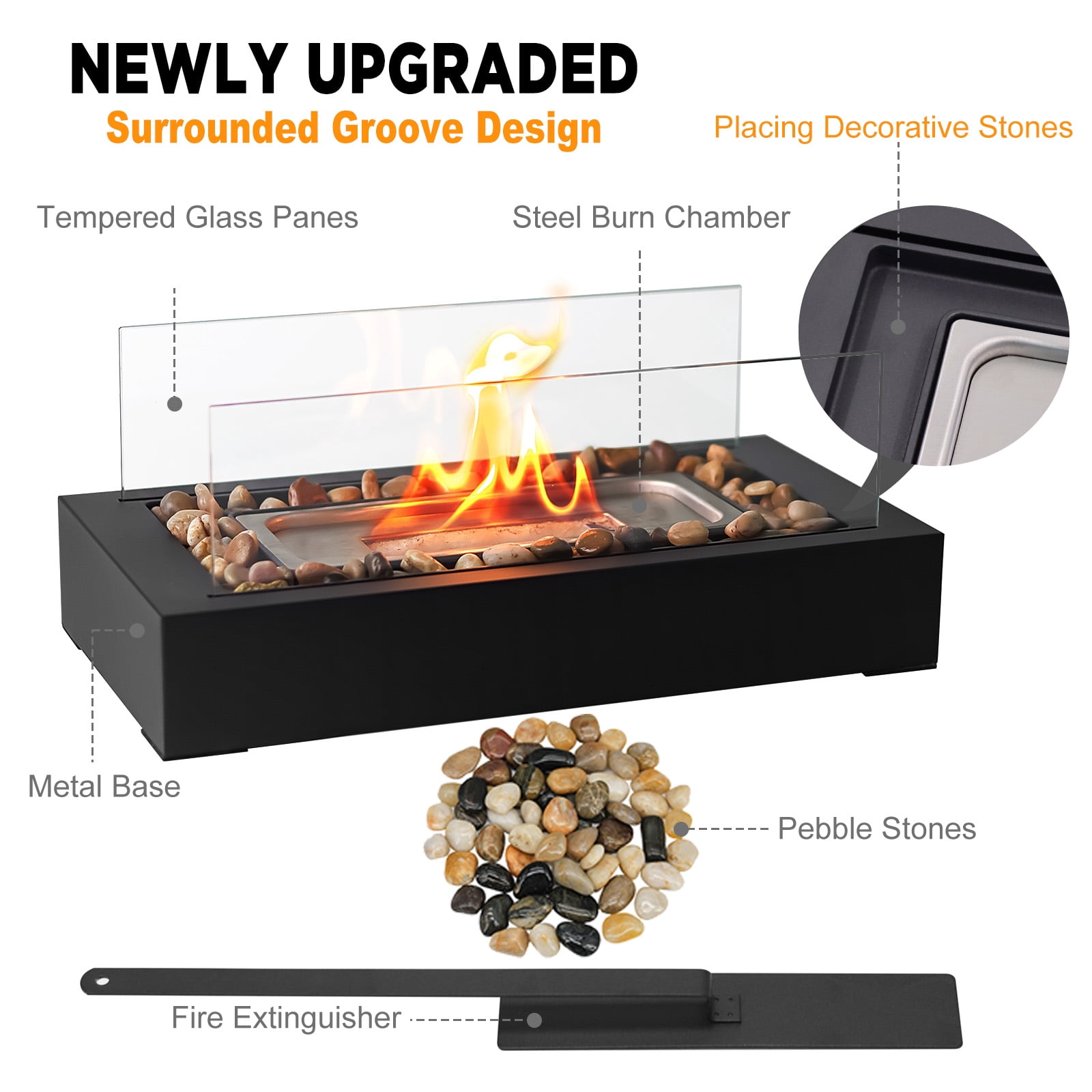 EAST FLAME Rectangular Tabletop Fire Pit with 2 Sided Tempered Glass, Portable Indoor Outdoor Fireplace (Beige, 13.8 in x 7.1 in x 8.3 in) 5wmgm