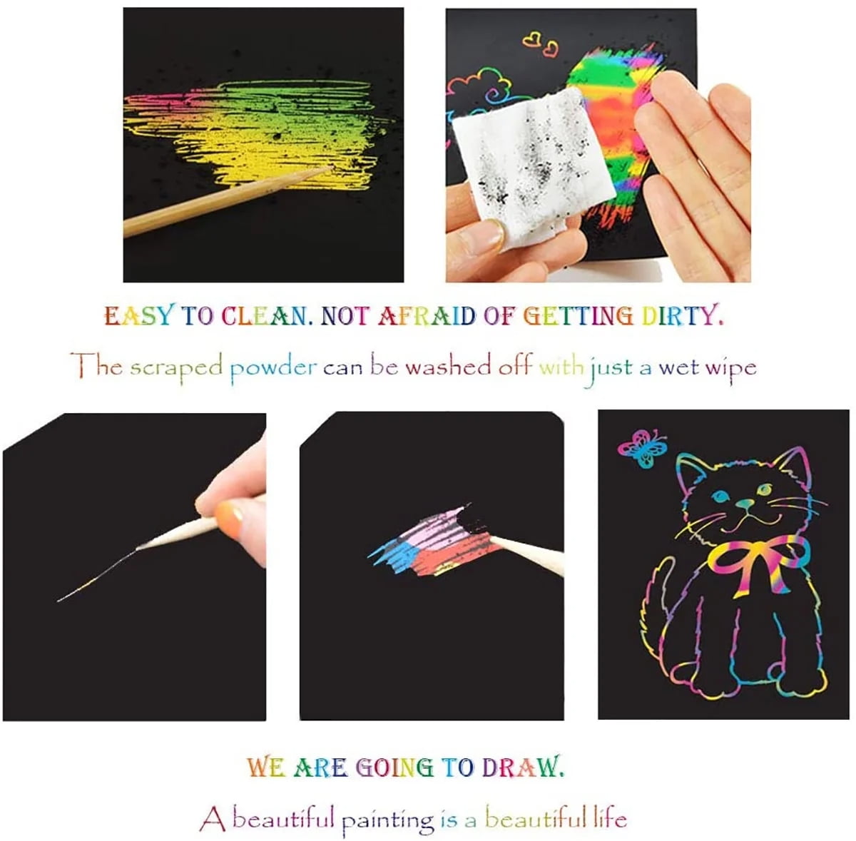 BSHAPPLUS Rainbow Scratch Art Notebooks, Creative DIY Drawing Activity Set for Kids (Black, 4 Pack, 10.2 in x 7.5 in) typ0r