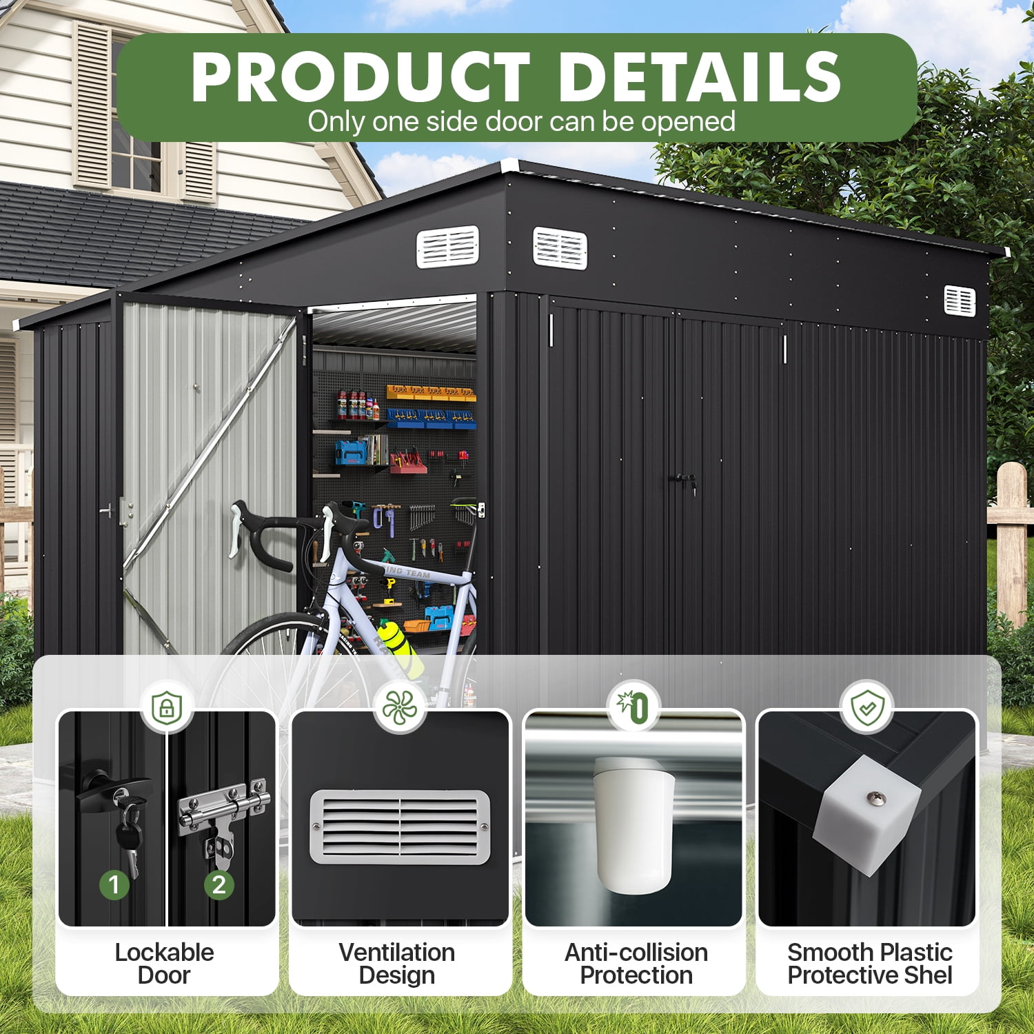 CLOUDDWELL Galvanized Steel Storage Shed with Triple Doors (Black, 9.5x7.4 ft) qlxv8