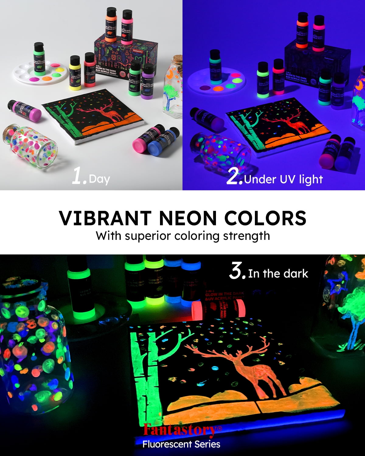 Fantastory Glow in The Dark Acrylic Paint Set, Fluorescent Neon Colors for Arts and Crafts (10 Pack, 2 fl oz) sehv9